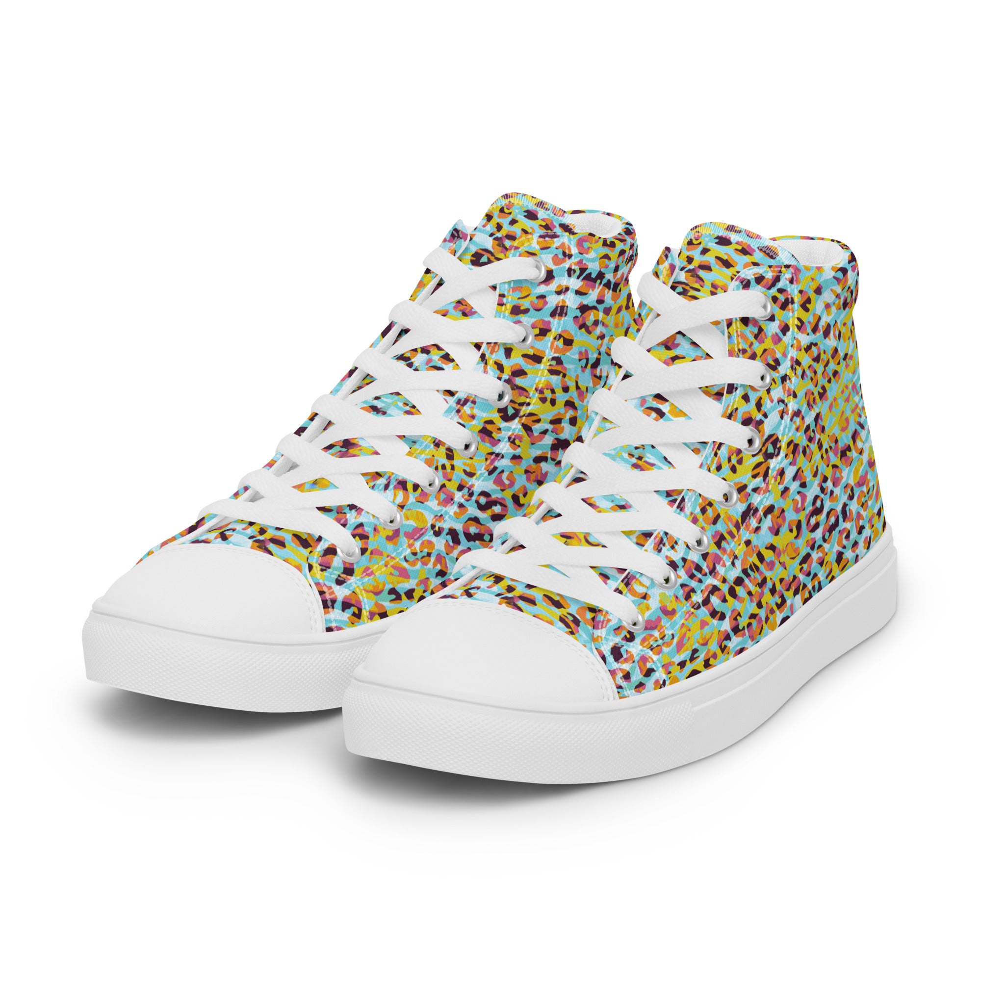 Women’s high top canvas shoes- Zebra and Leopard Print Cyan with Yellow