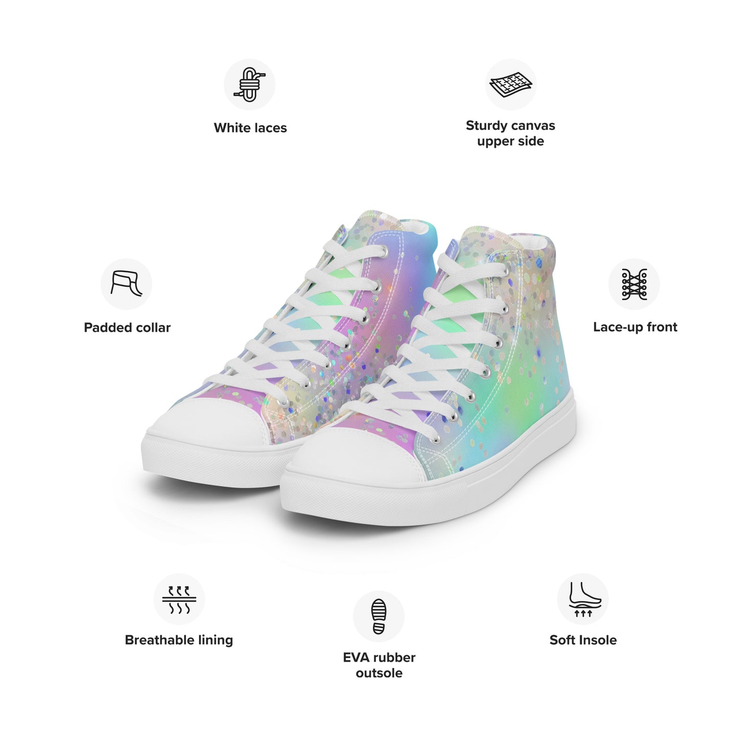Women’s high top canvas shoes- Rainbow Holographic Glitter