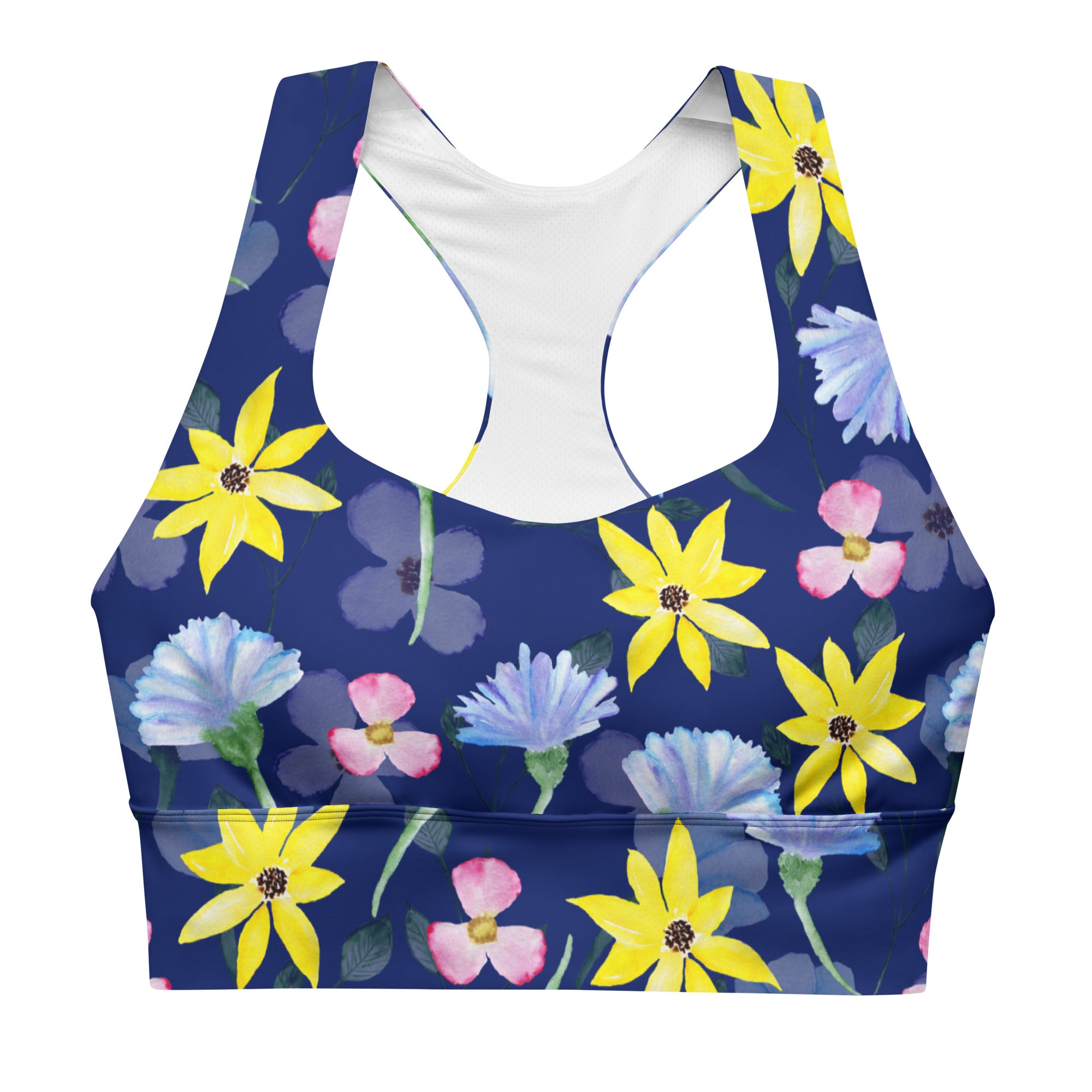 Longline sports bra- Summer Flowers Dark Blue