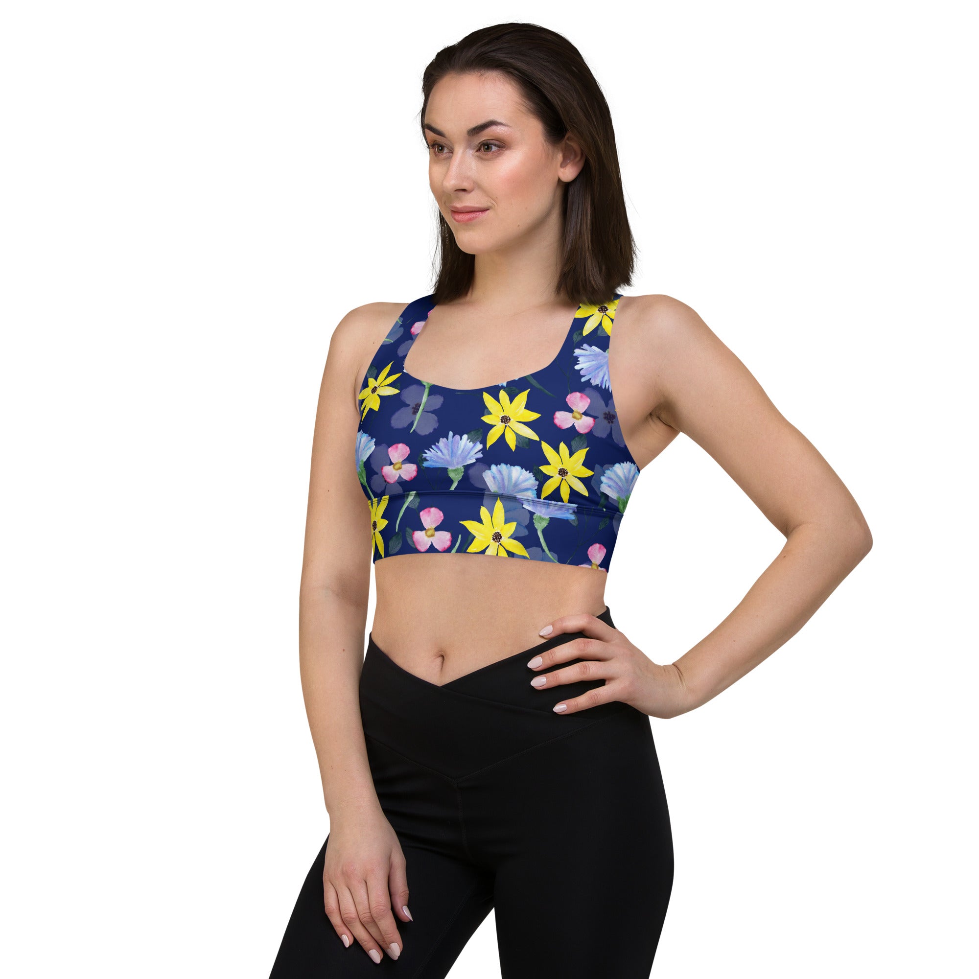 Longline sports bra- Summer Flowers Dark Blue