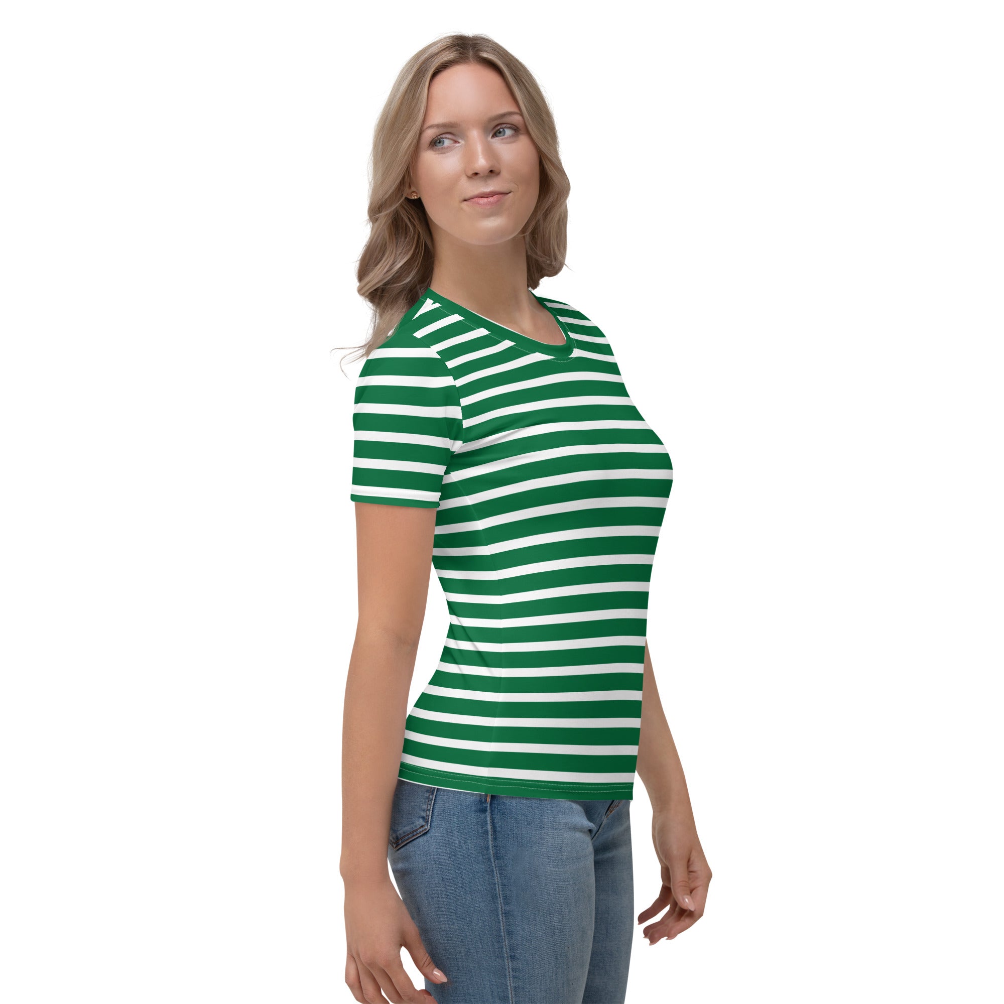 Women's T-shirt- White and Green Striped