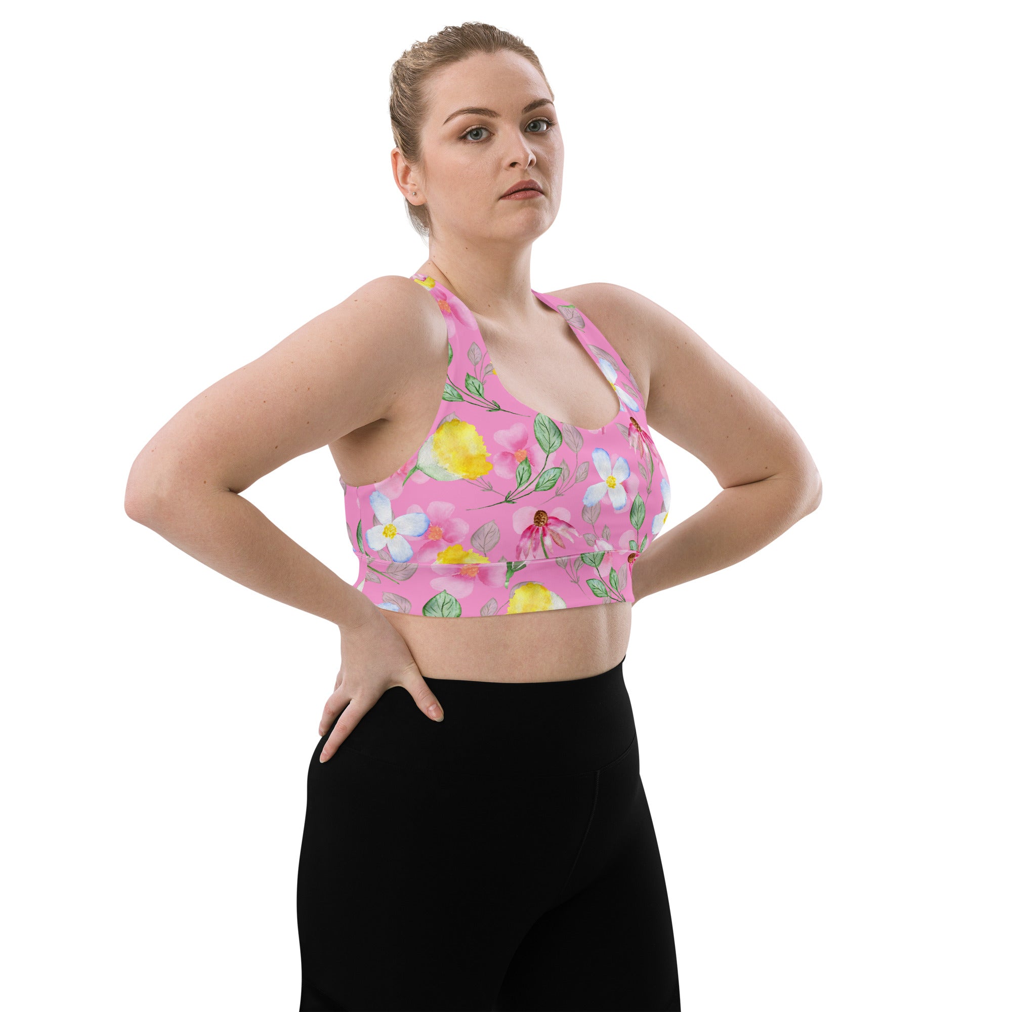 Longline sports bra- Summer Flowers Pink