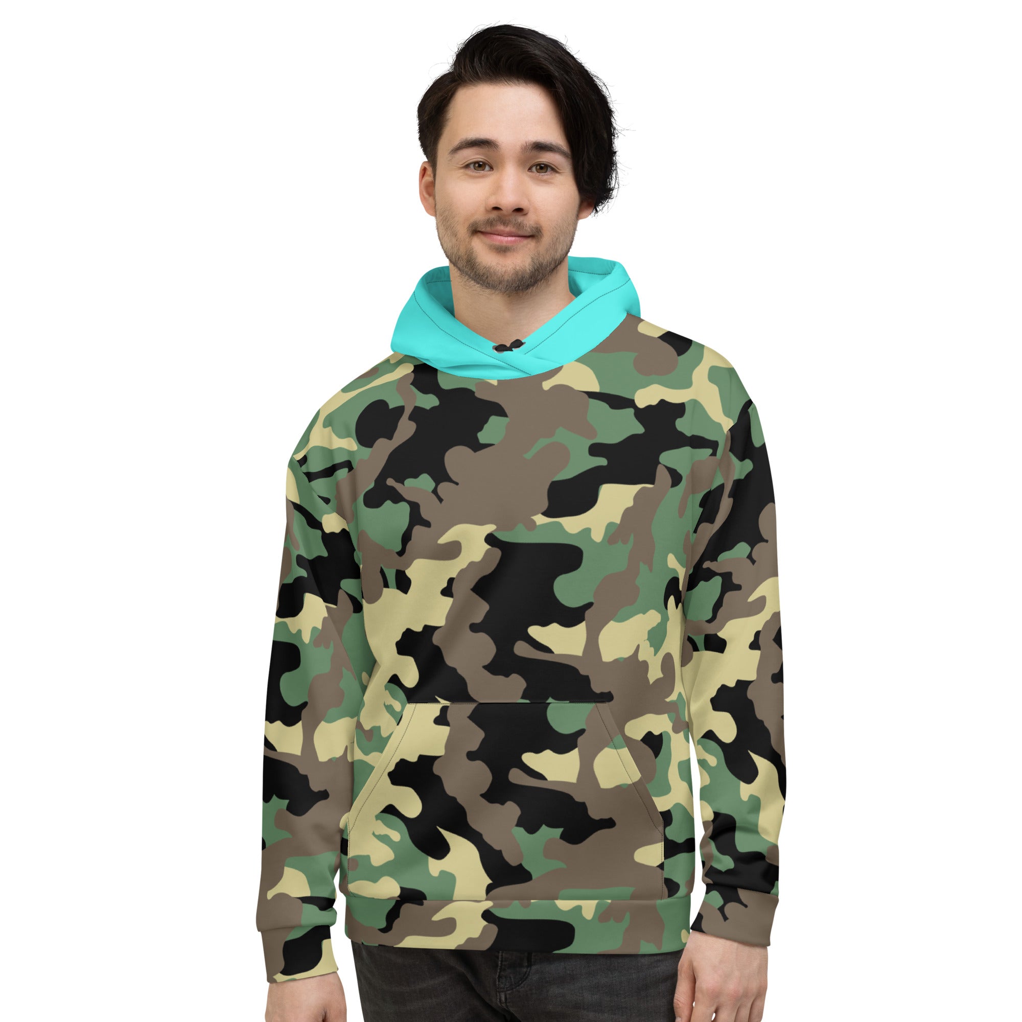 Unisex Hoodie-Jungle Camo with Highvisibility Cyan Hood