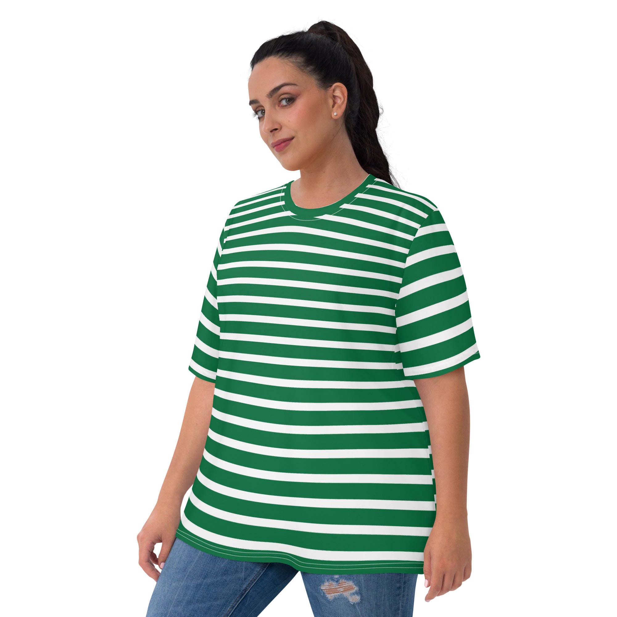Women's T-shirt- White and Green Striped