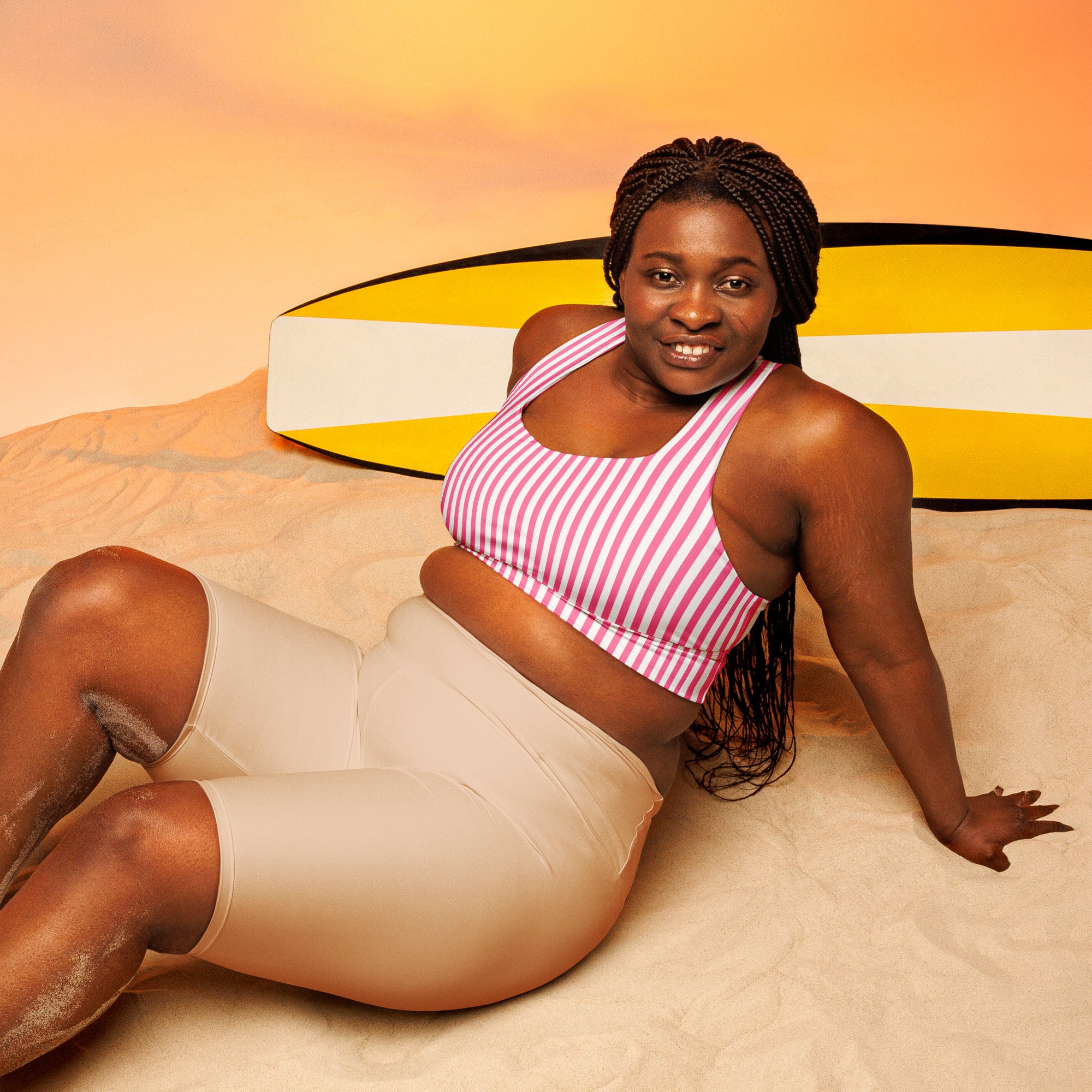 Longline sports bra- White and Pink Stripes