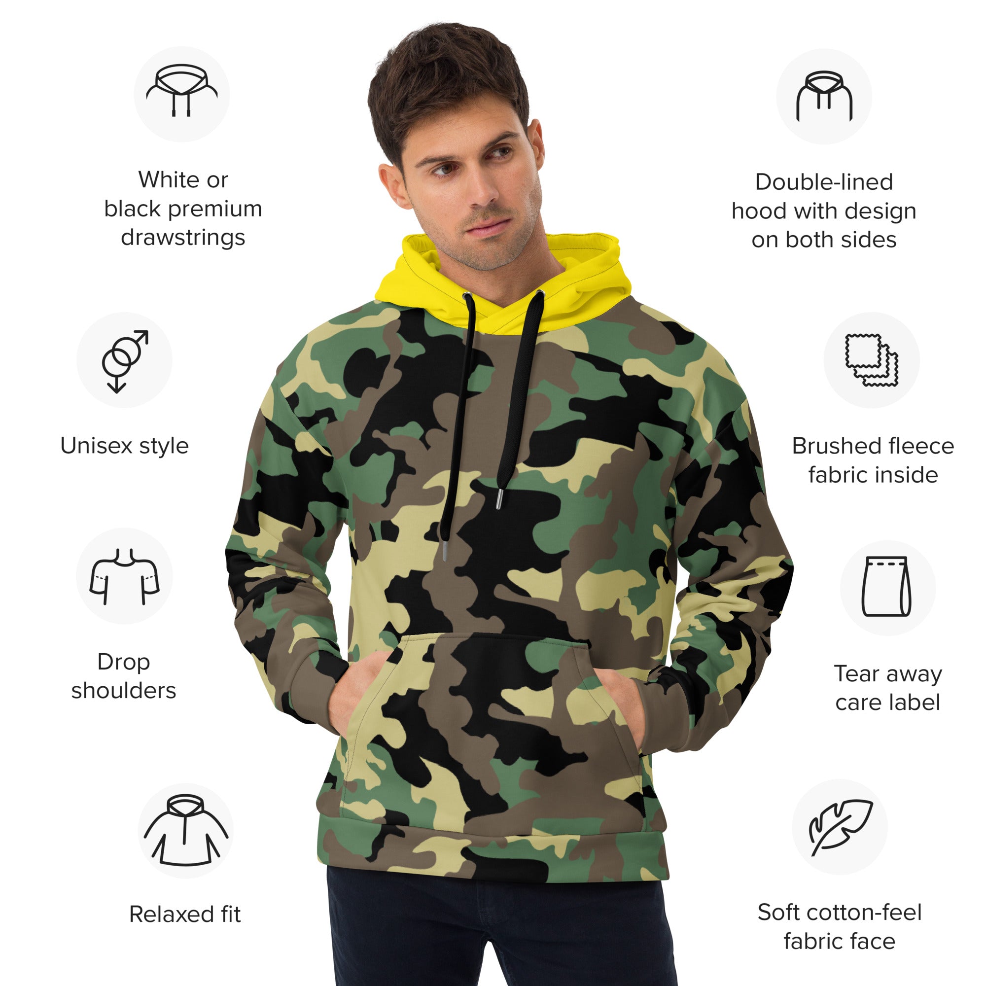 Unisex Hoodie-Jungle Camo with Highvisibility Yellow Hood
