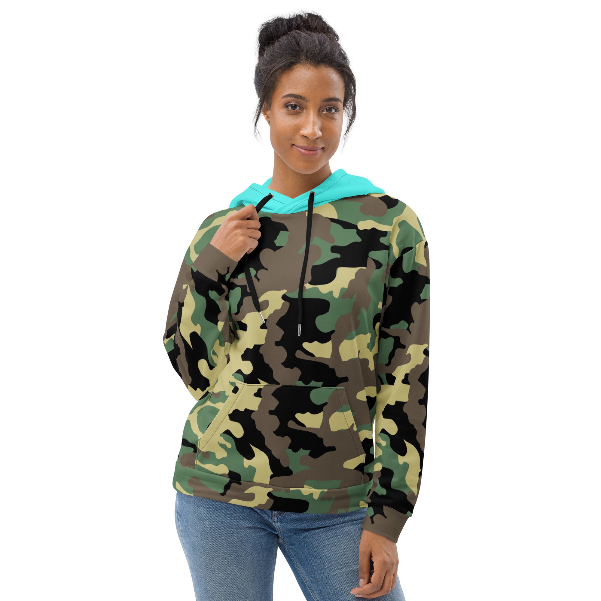 Unisex Hoodie-Jungle Camo with Highvisibility Cyan Hood