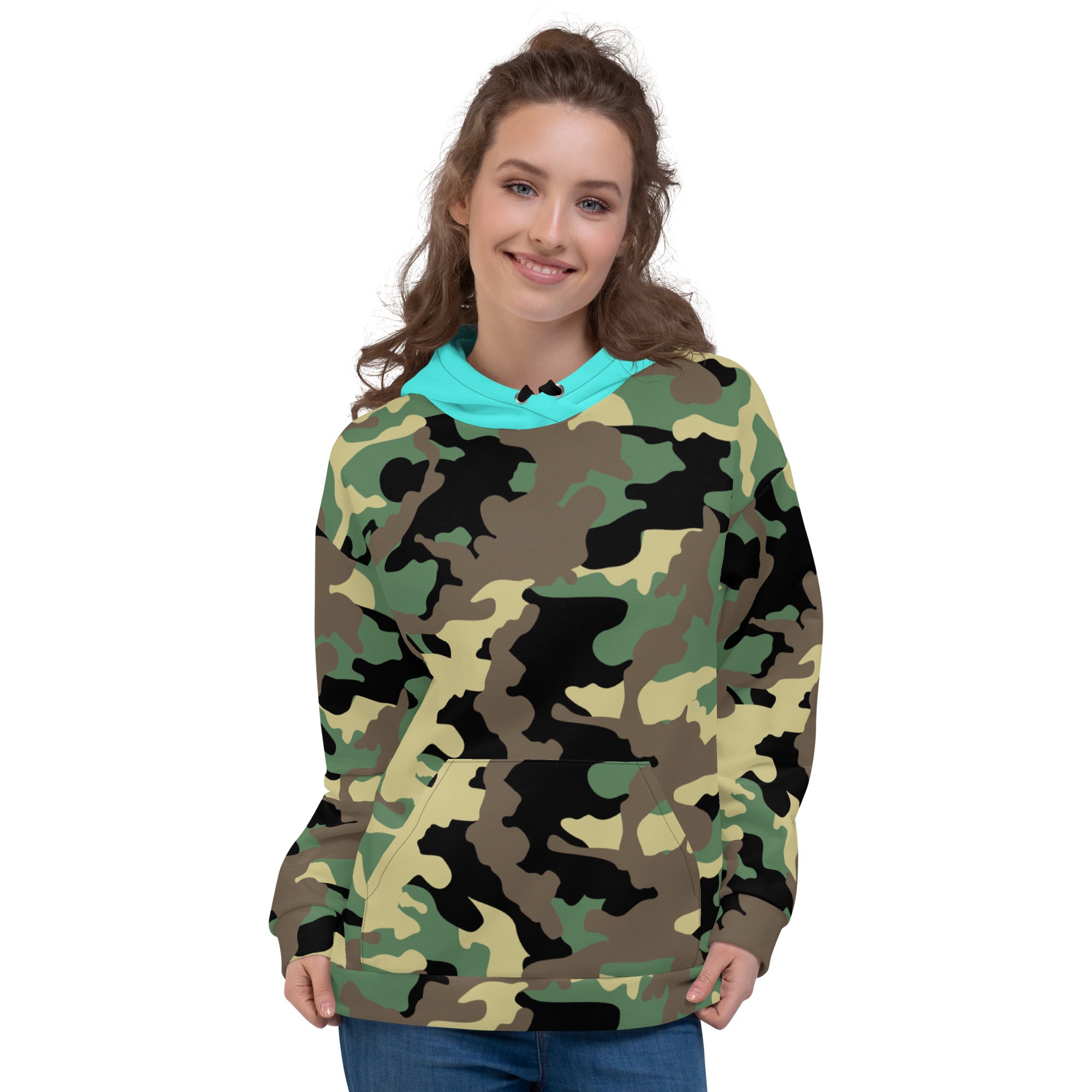 Unisex Hoodie-Jungle Camo with Highvisibility Cyan Hood