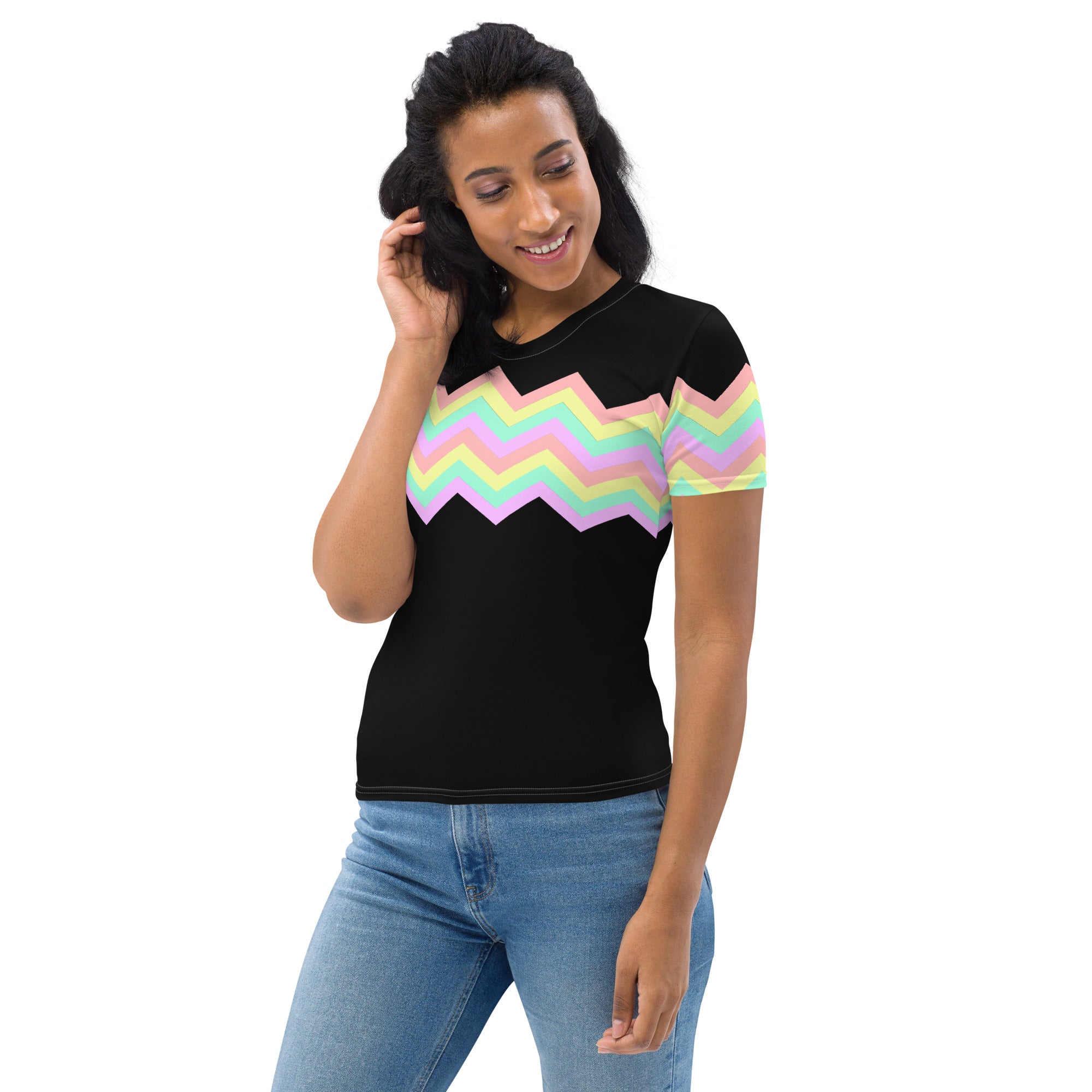 Women's T-shirt-Multicolor Zigzag I-Black