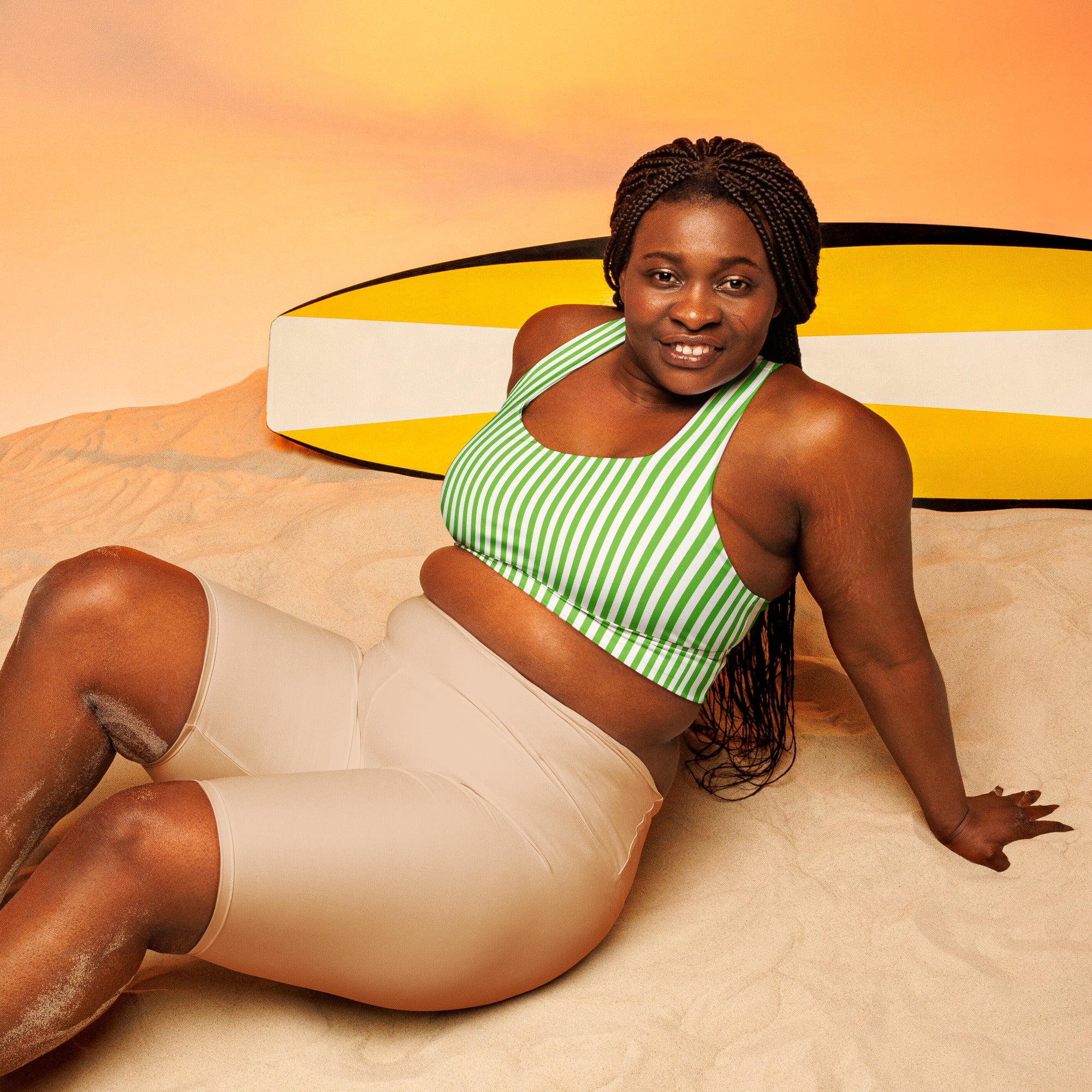 Longline sports bra- White and Green Stripes