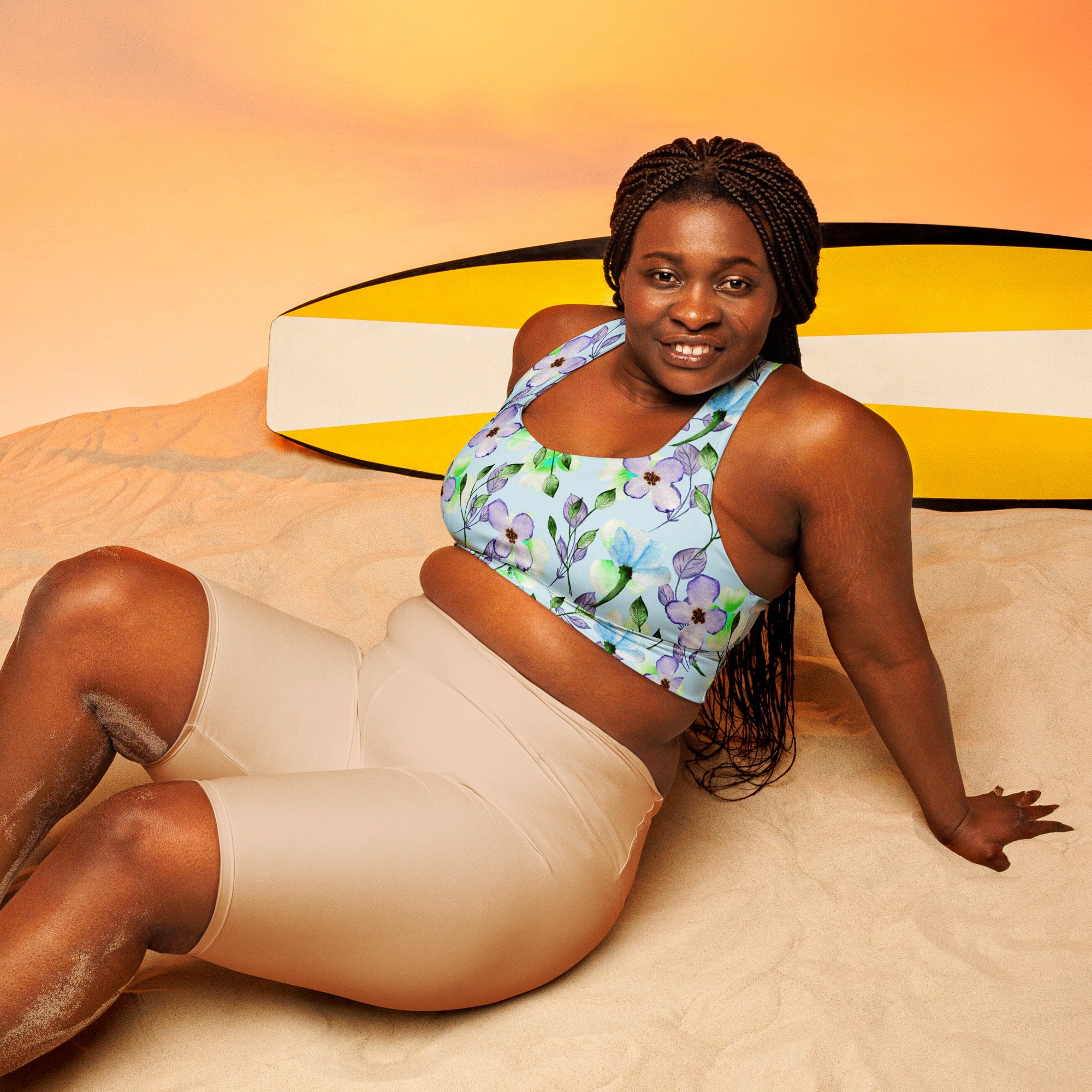 Longline sports bra- Summer Flowers Blue