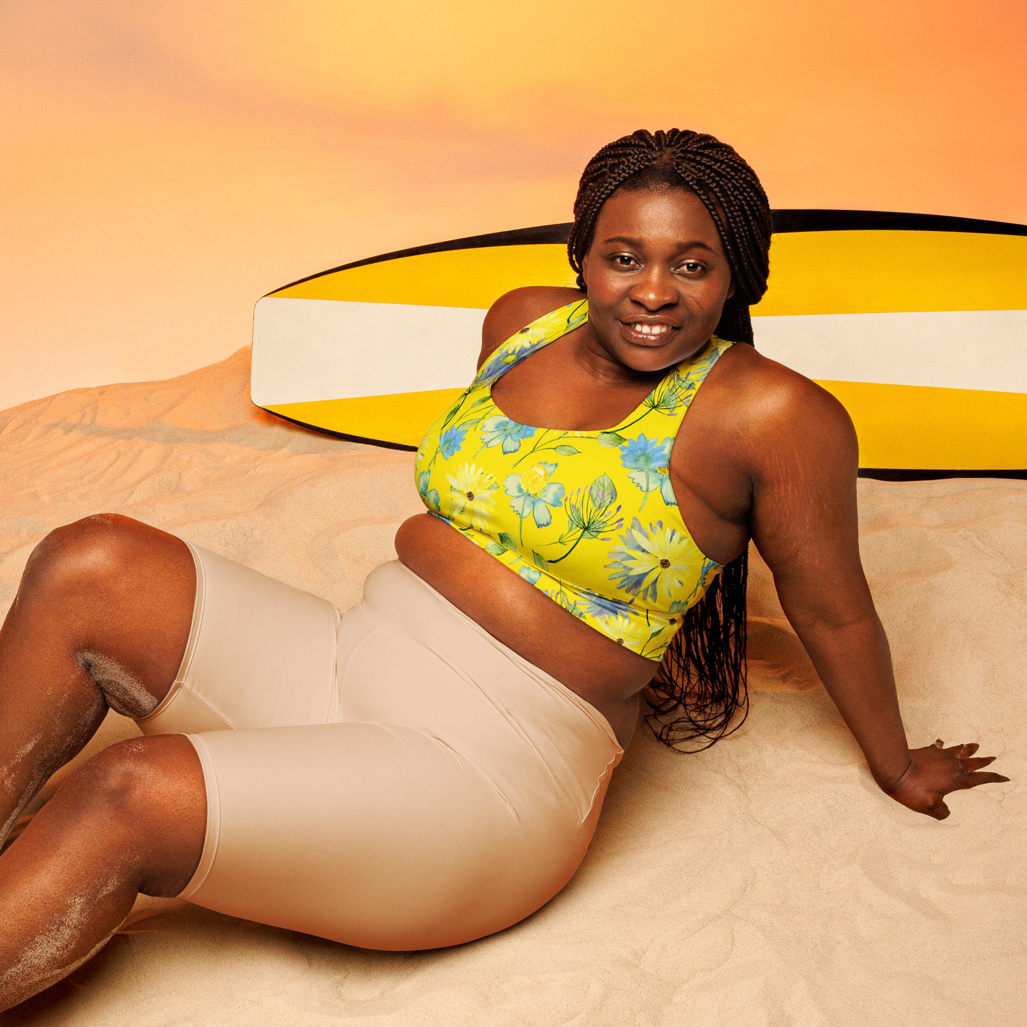 Longline sports bra- Summer Flowers Yellow