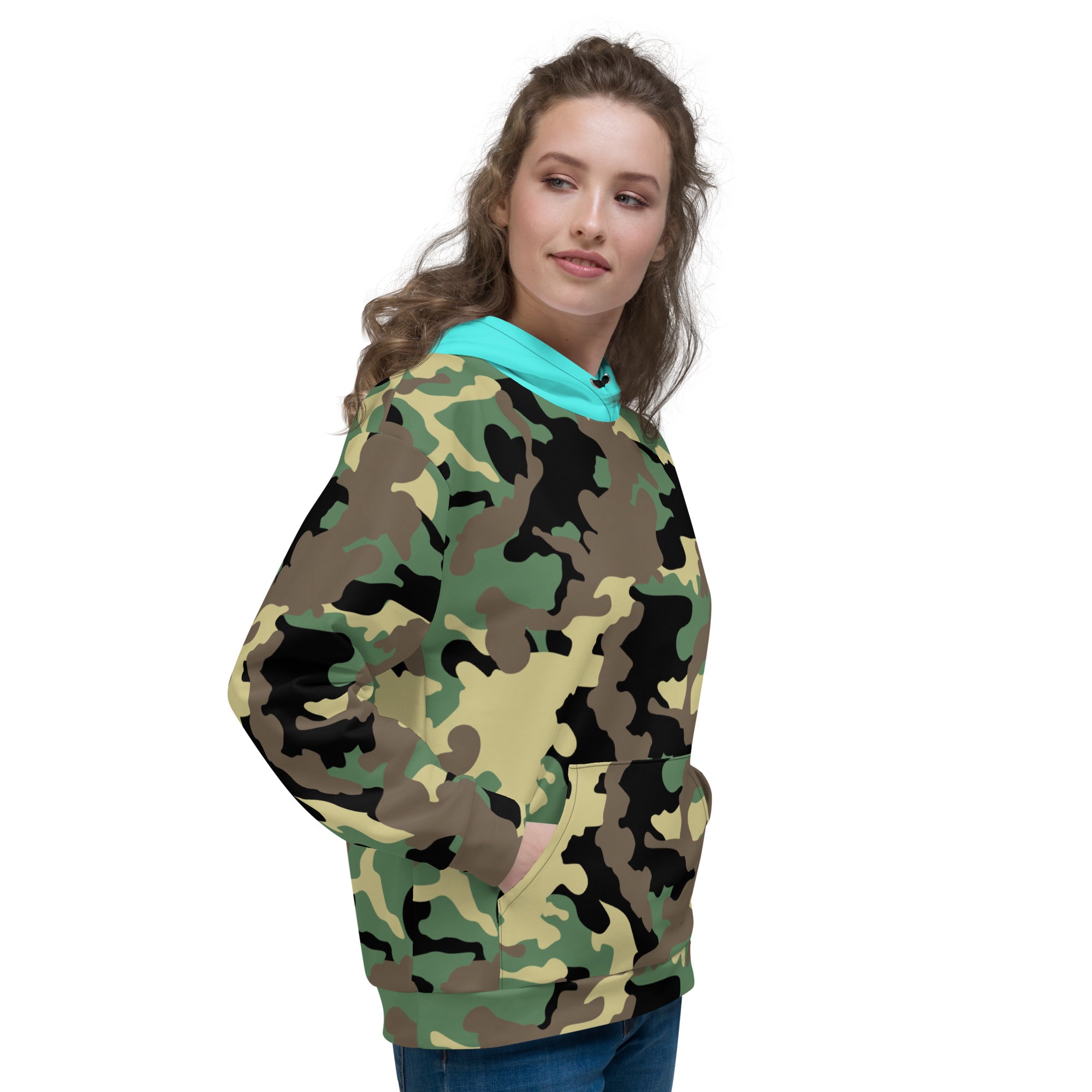 Unisex Hoodie-Jungle Camo with Highvisibility Cyan Hood