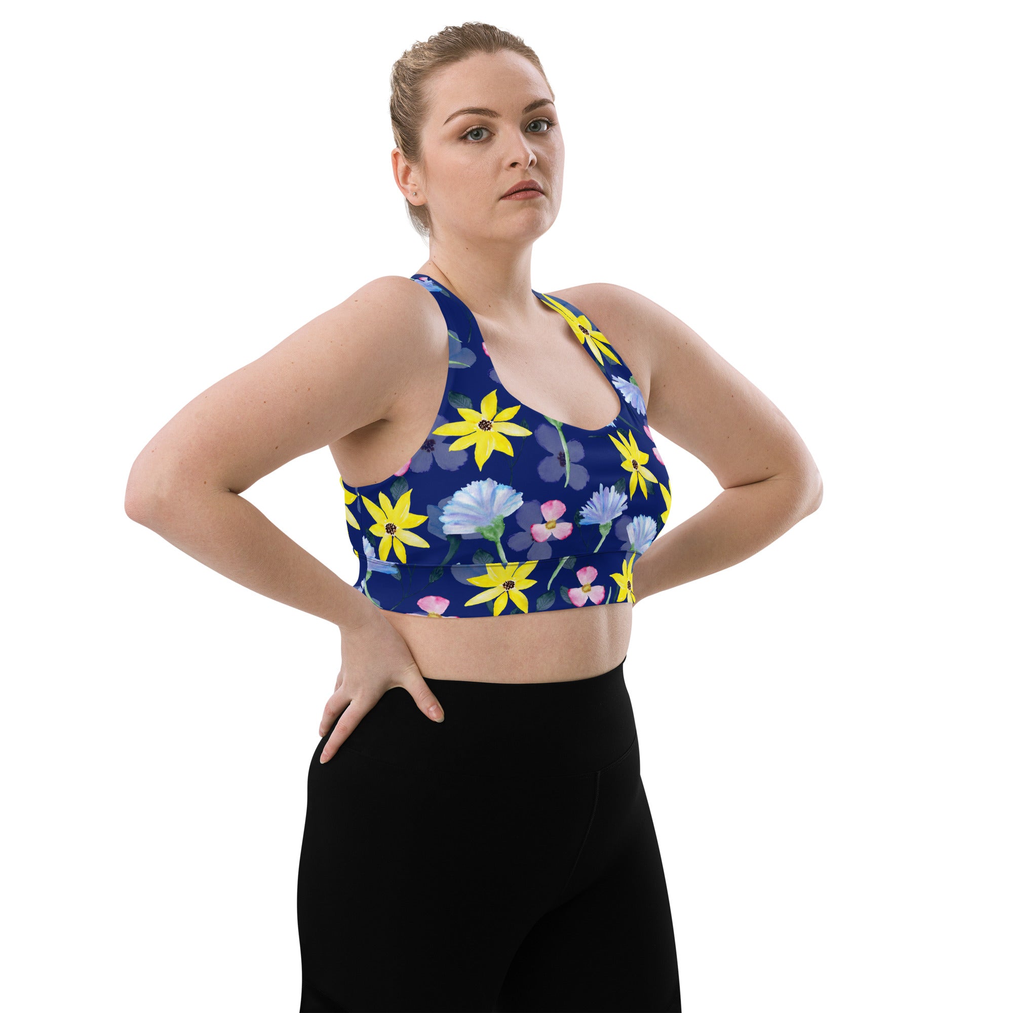 Longline sports bra- Summer Flowers Dark Blue
