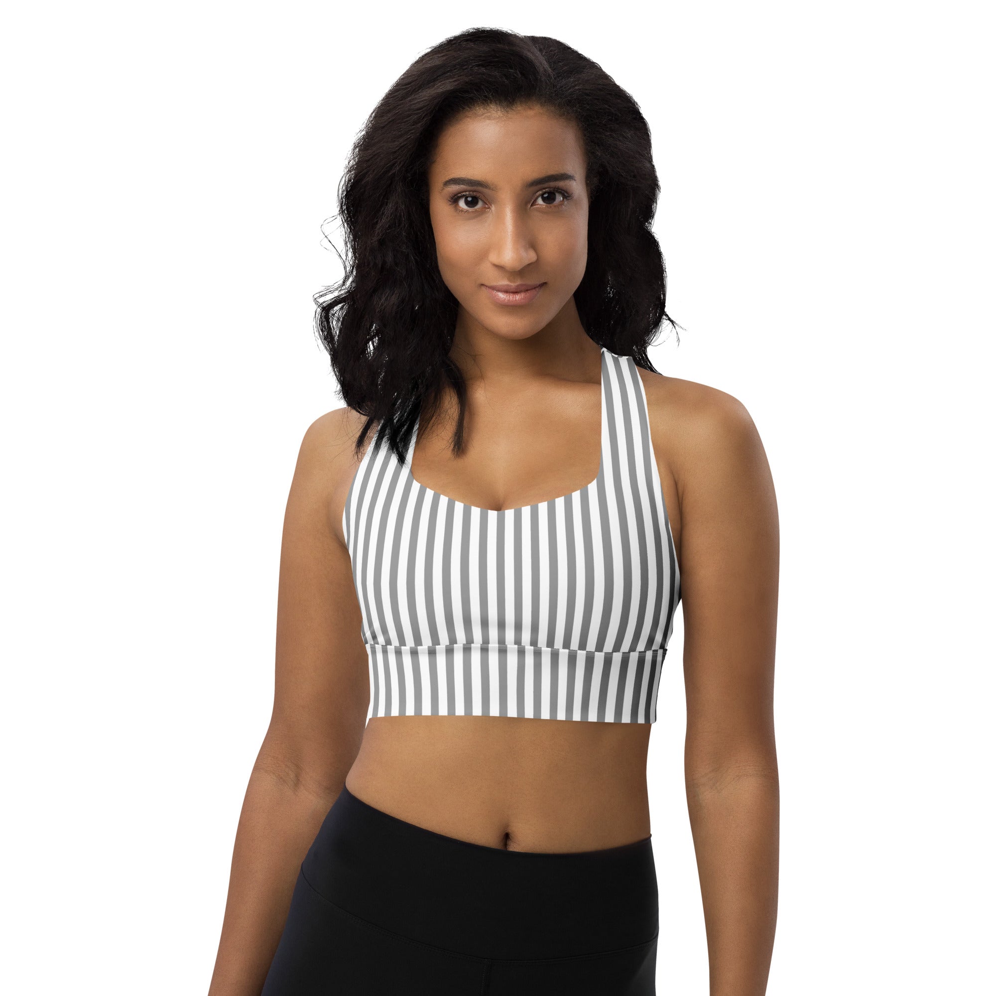 Longline sports bra- White and Grey Stripes