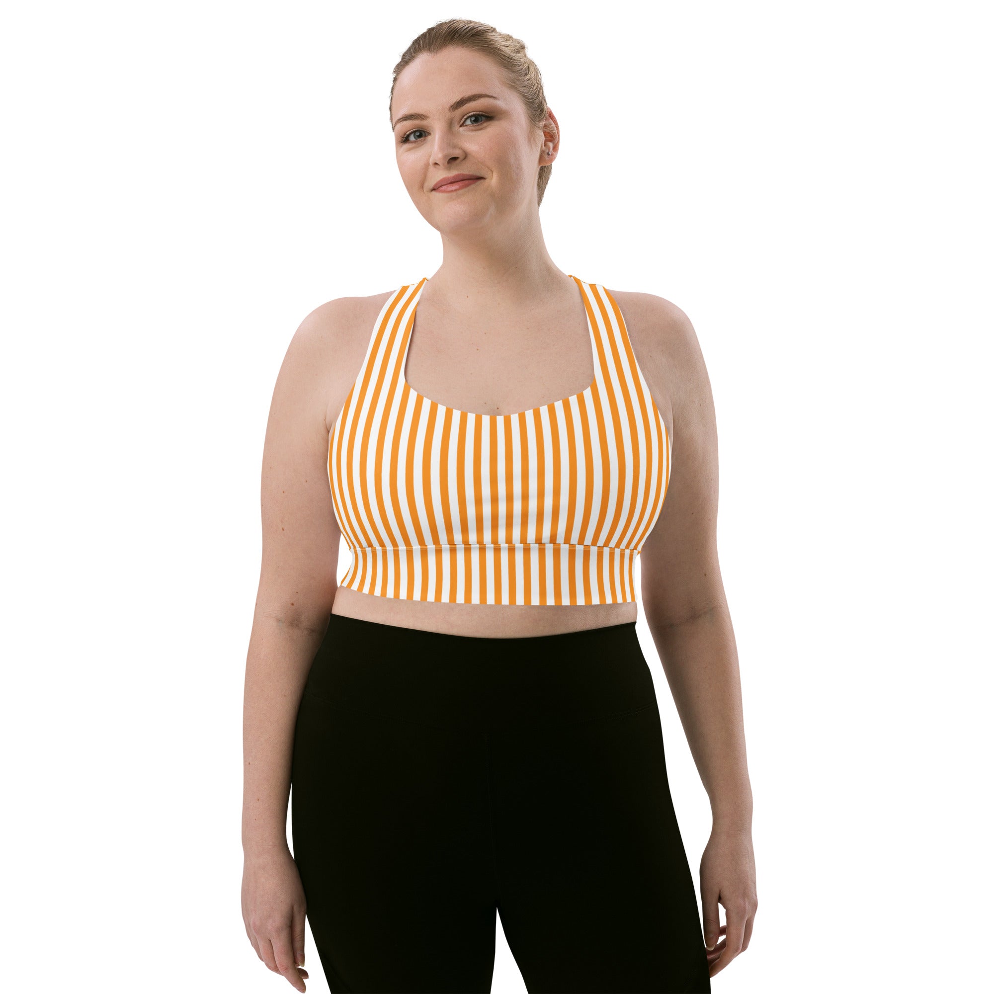 Longline sports bra- White and Orange Stripes