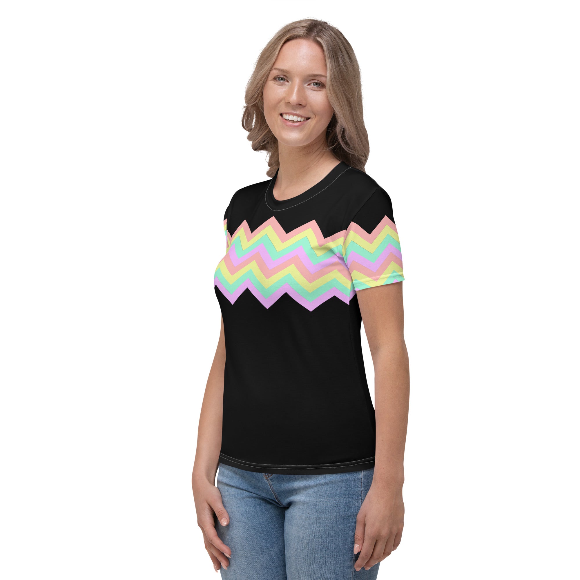 Women's T-shirt-Multicolor Zigzag I-Black