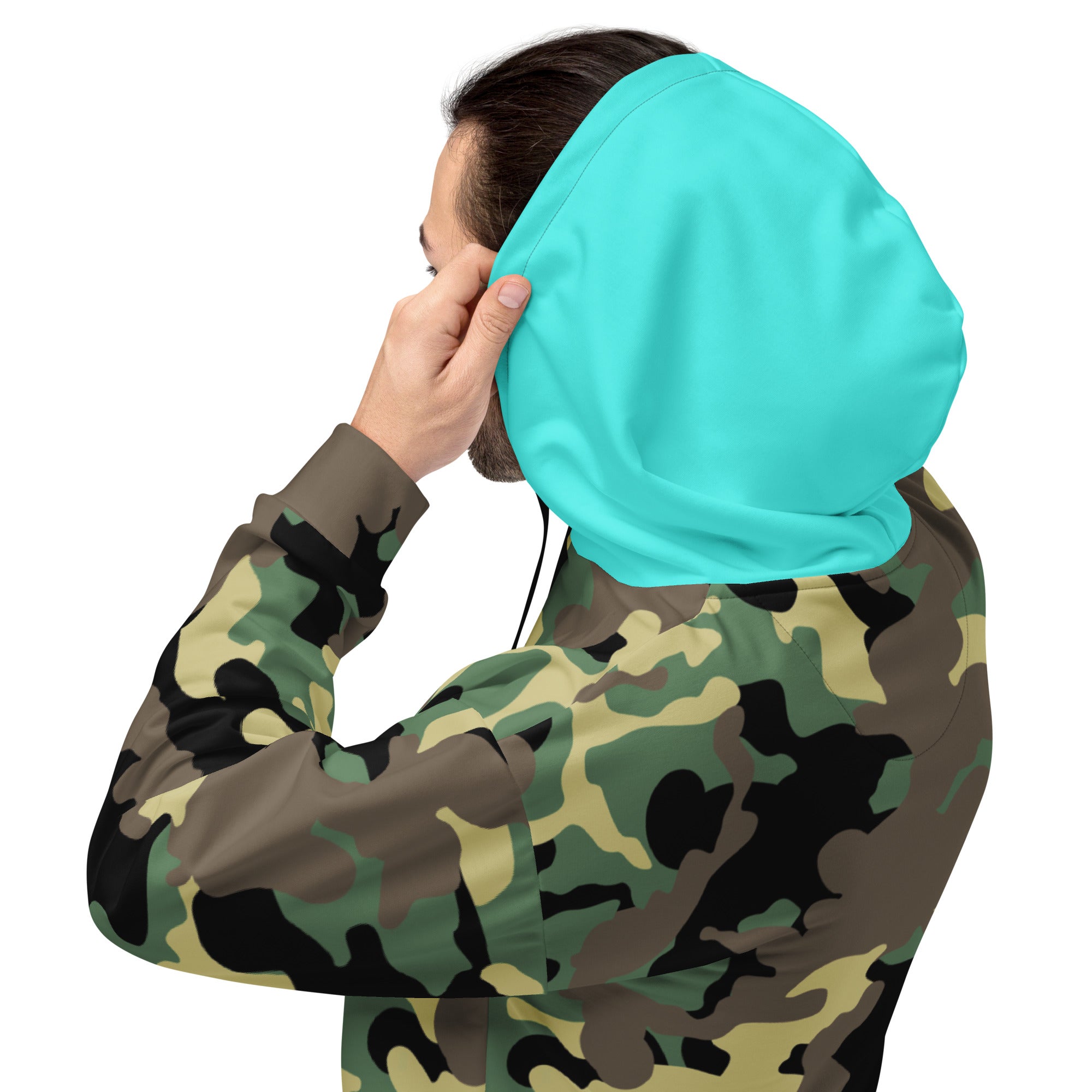 Unisex Hoodie-Jungle Camo with Highvisibility Cyan Hood