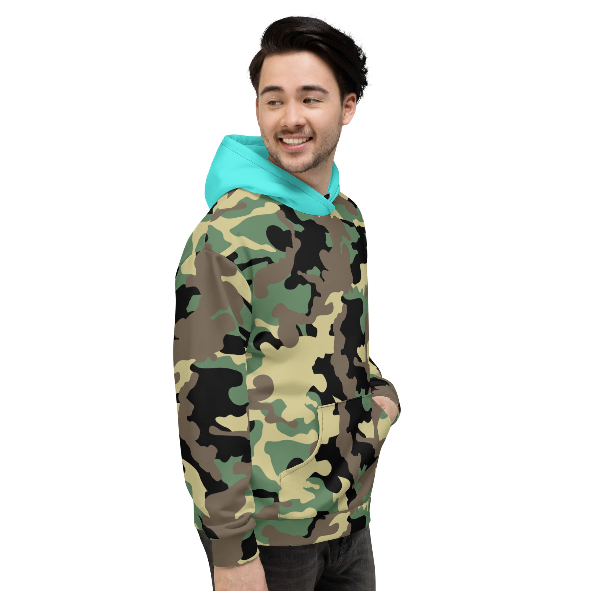 Unisex Hoodie-Jungle Camo with Highvisibility Cyan Hood