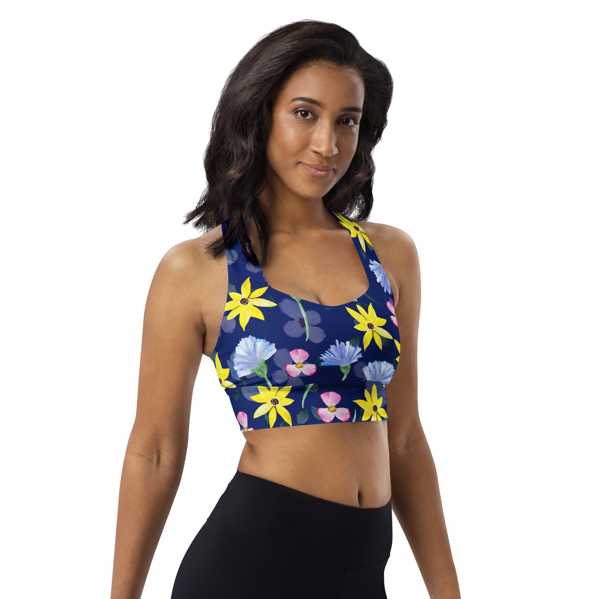 Longline sports bra- Summer Flowers Dark Blue
