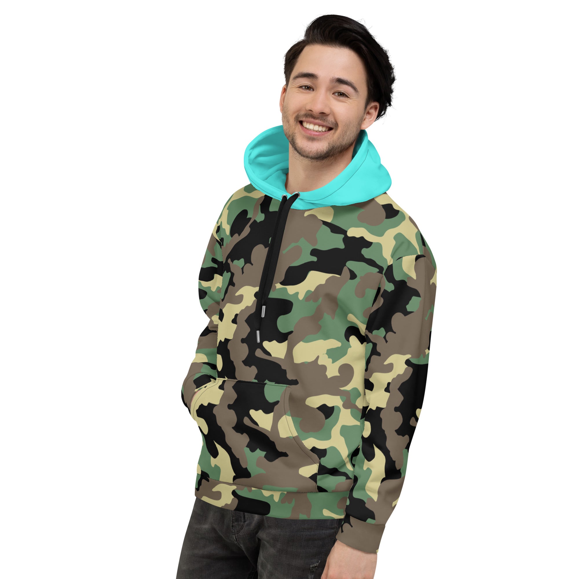 Unisex Hoodie-Jungle Camo with Highvisibility Cyan Hood