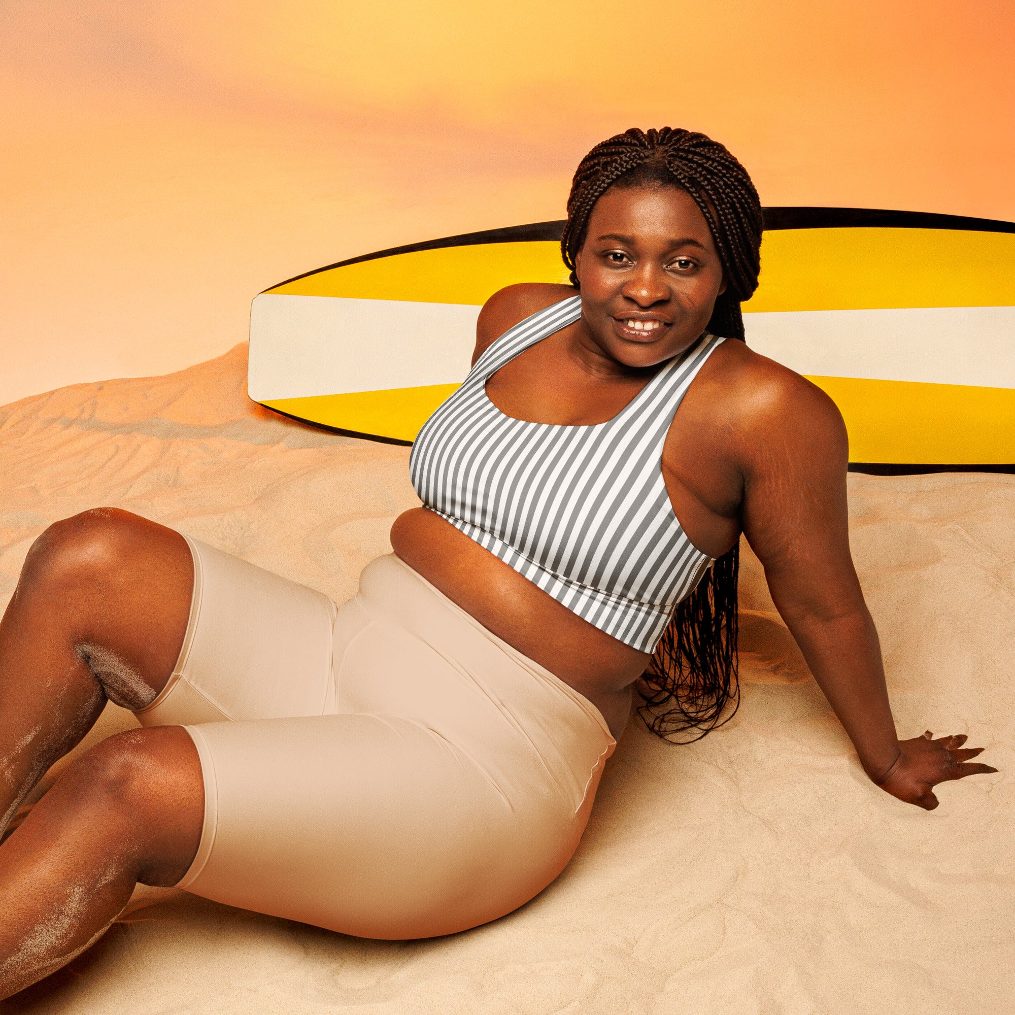 Longline sports bra- White and Grey Stripes