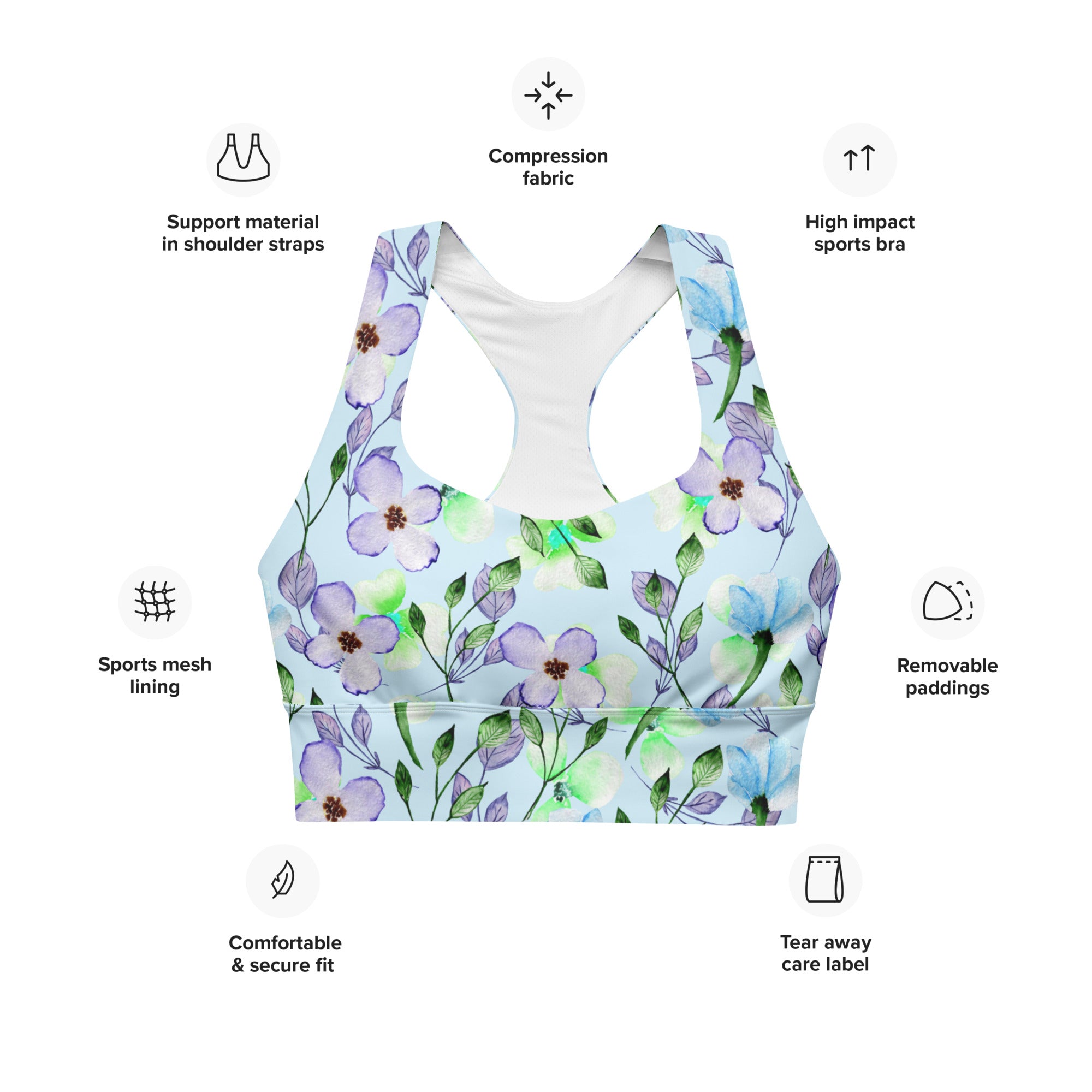 Longline sports bra- Summer Flowers Blue