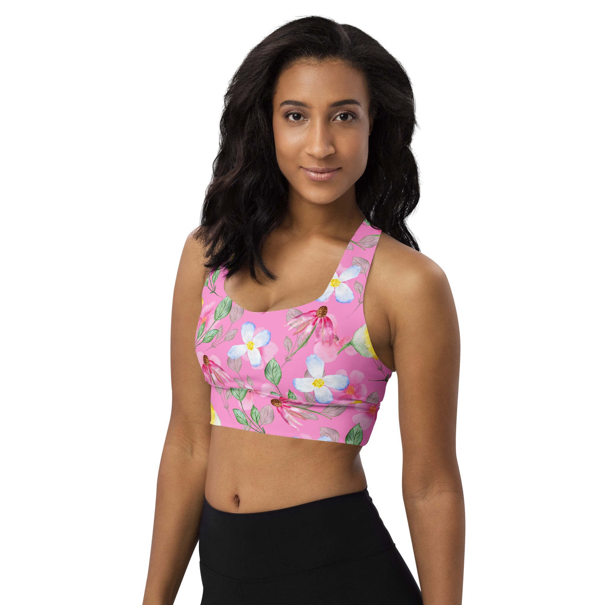 Longline sports bra- Summer Flowers Pink