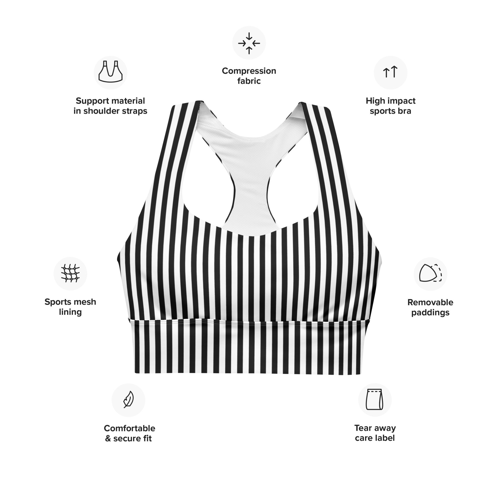 Longline sports bra- Black and White Stripes