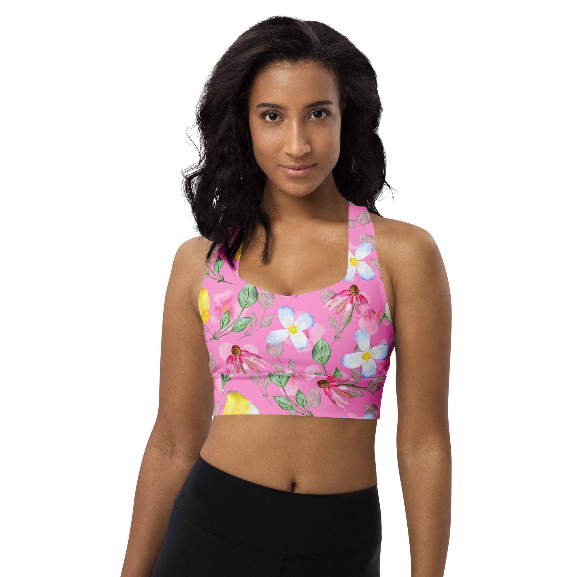 Longline sports bra- Summer Flowers Pink