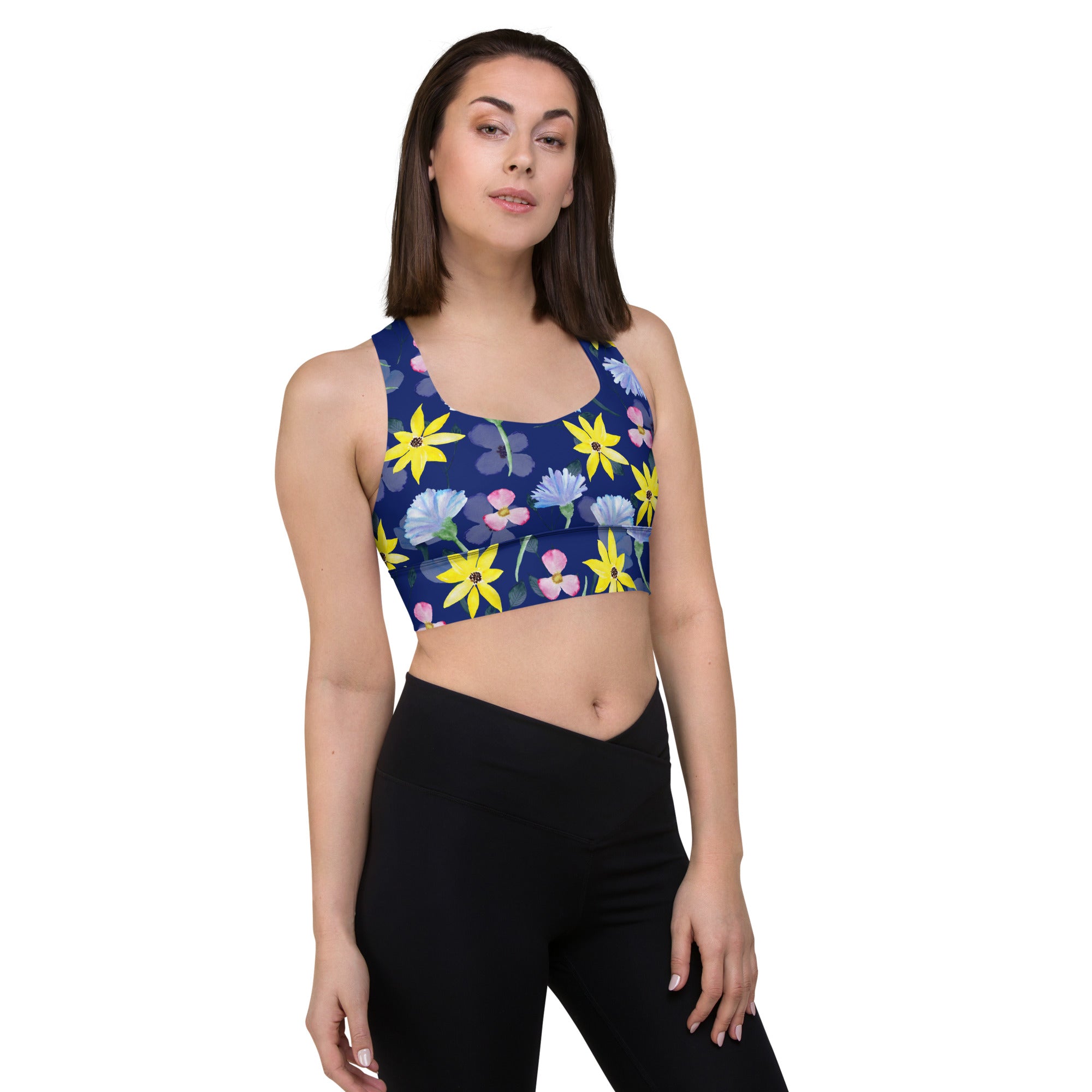 Longline sports bra- Summer Flowers Dark Blue