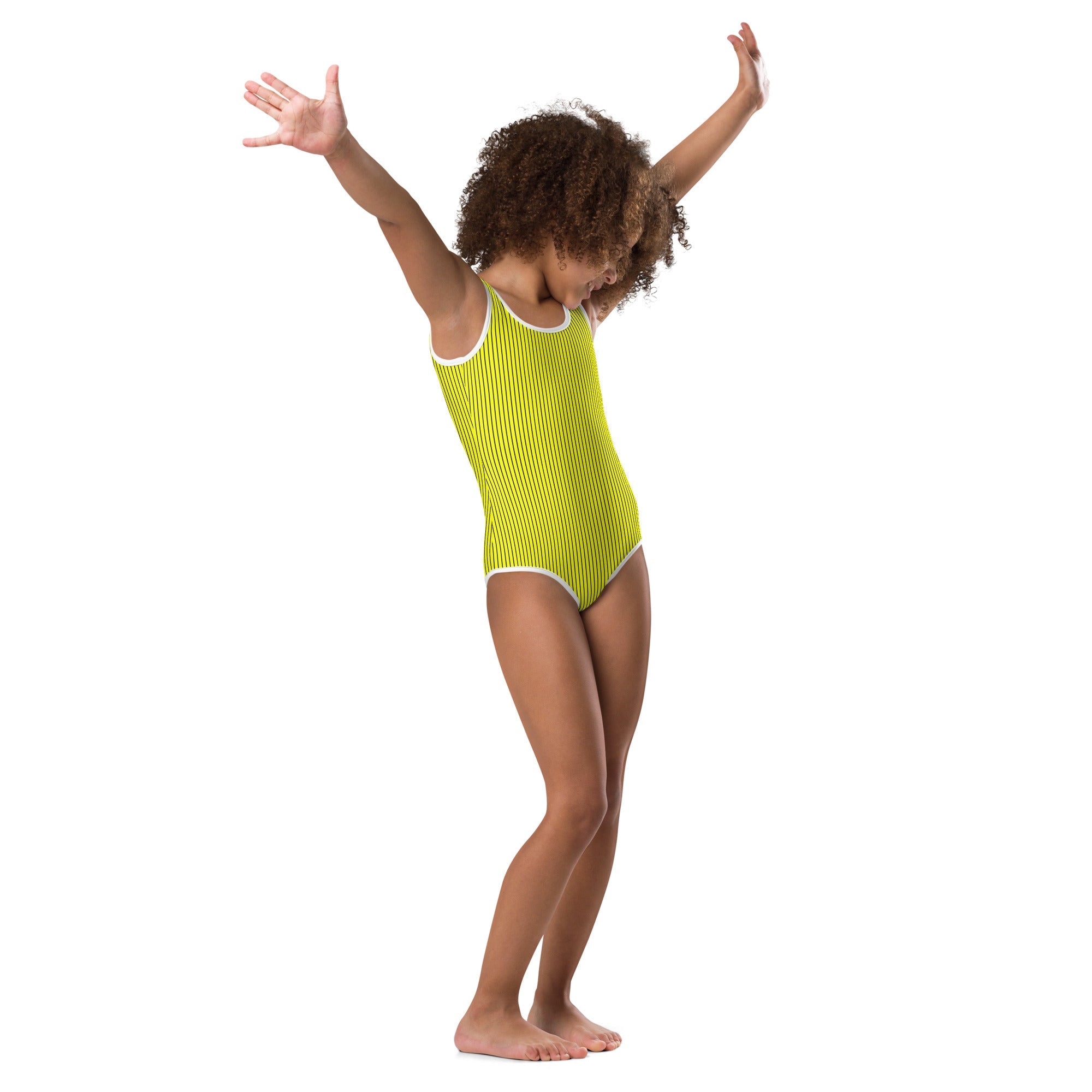 All Over Print Kids Swimsuit Yellow with Black Stripes