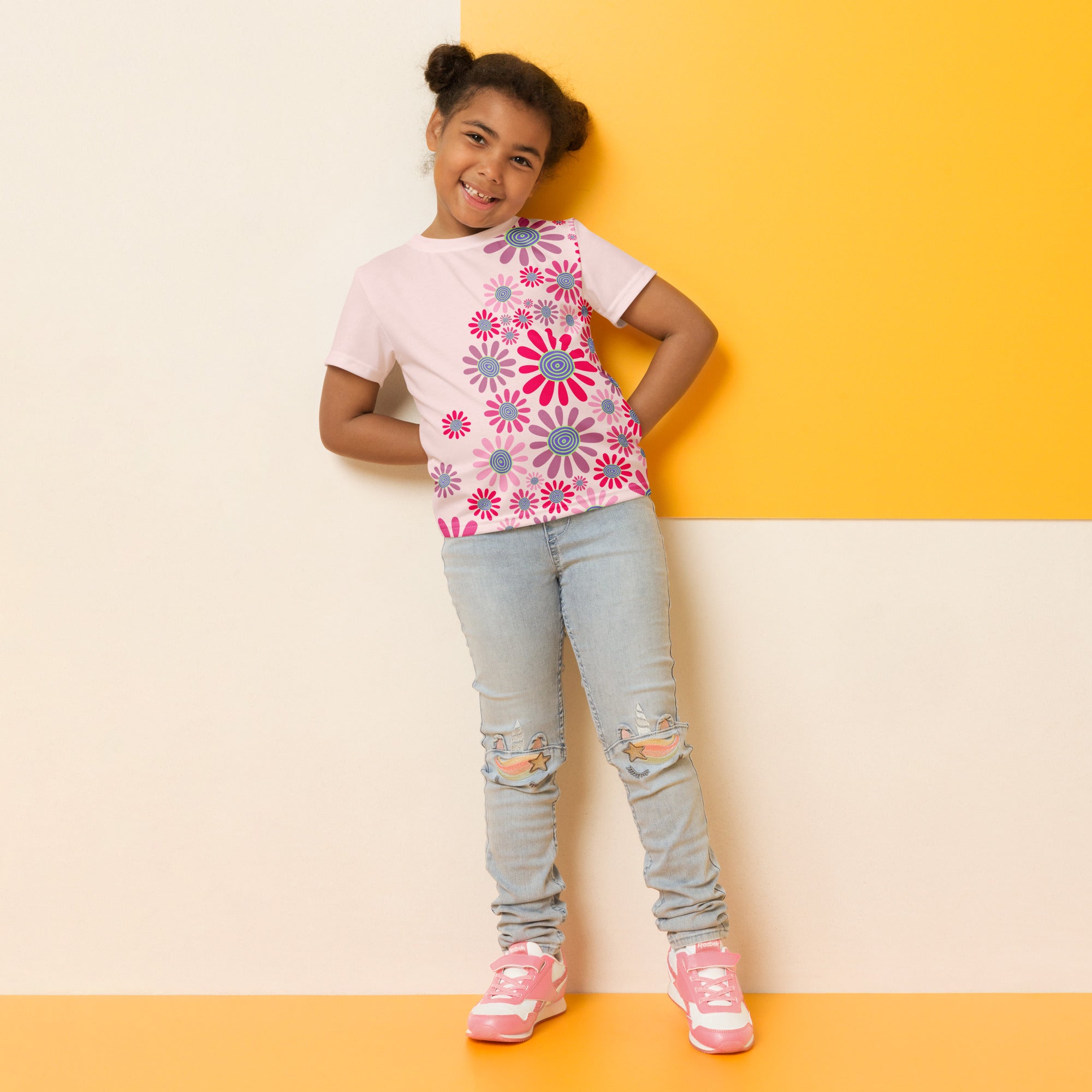 Kids crew neck t shirt Daisy Flower Garden IV