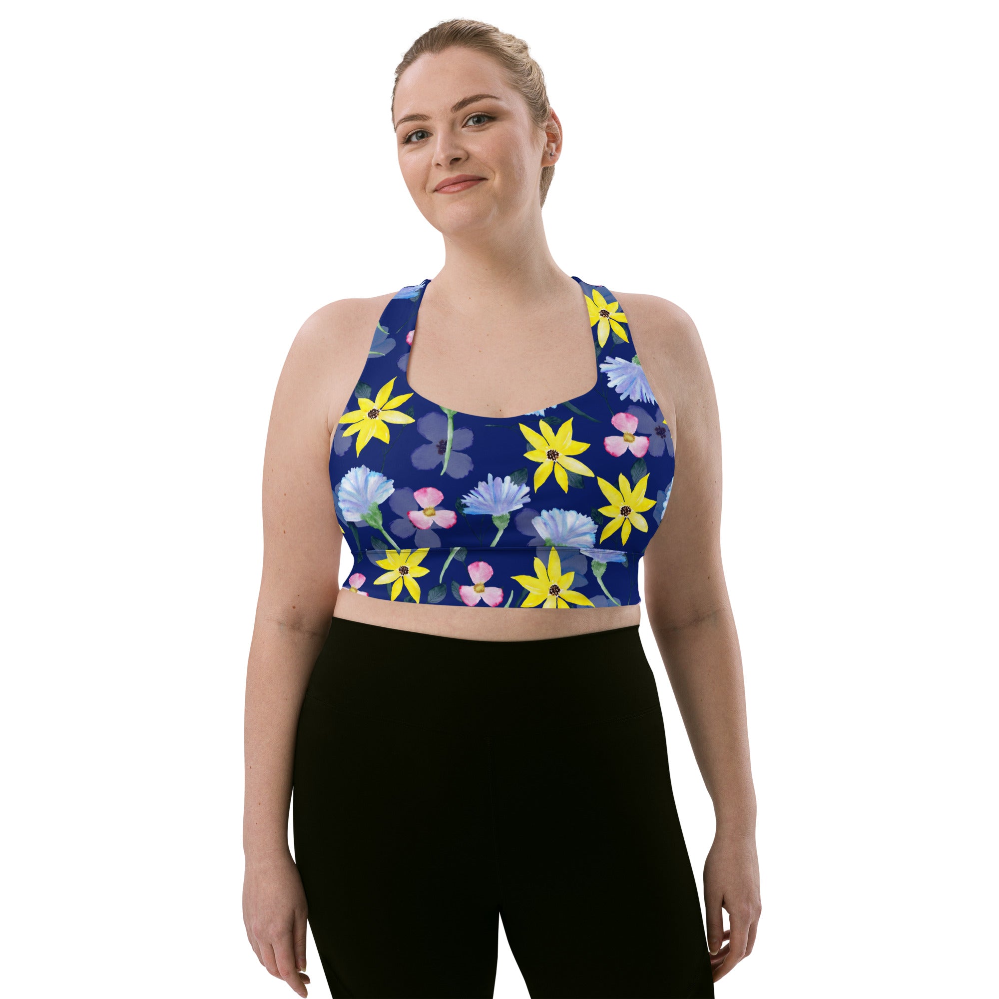 Longline sports bra Summer Flowers Dark Blue