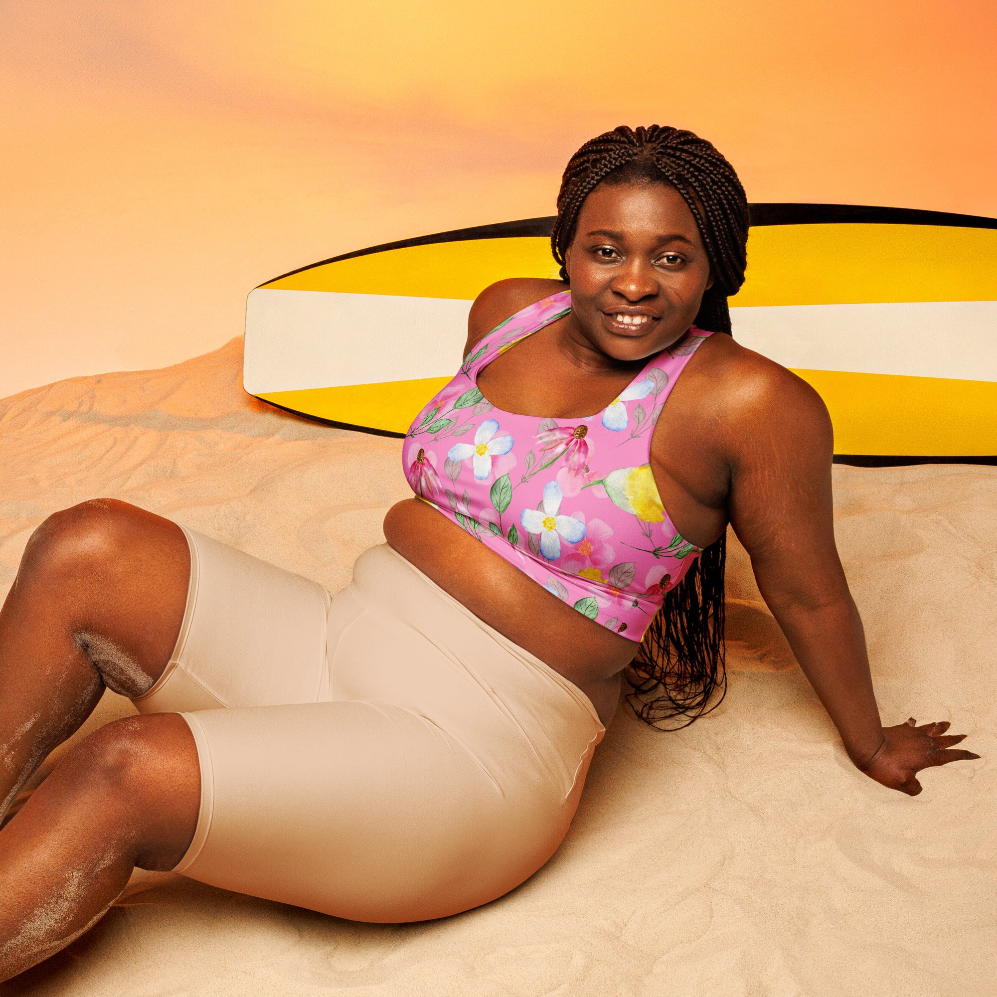 Longline sports bra Summer Flowers Pink