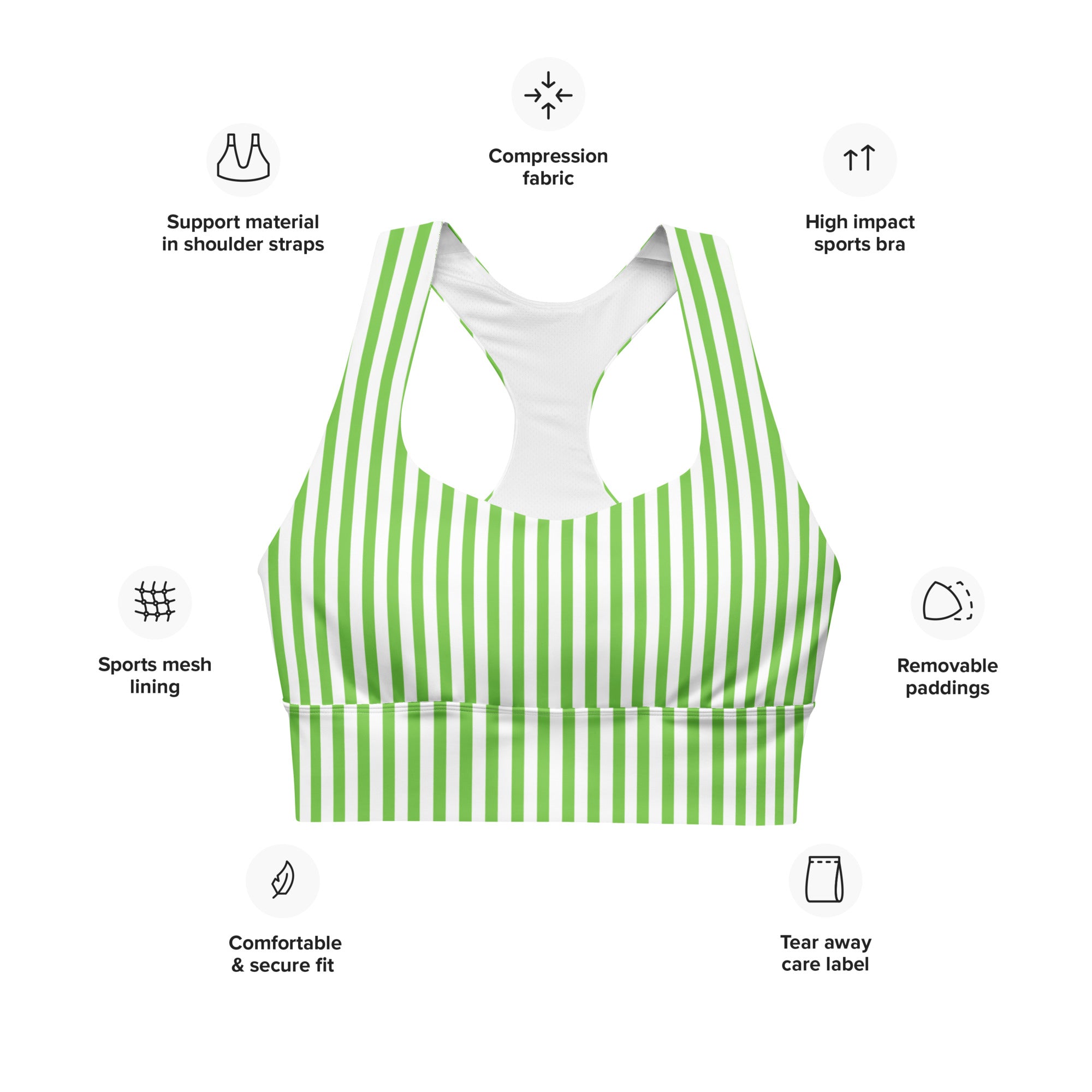 Longline sports bra White and Green Stripes