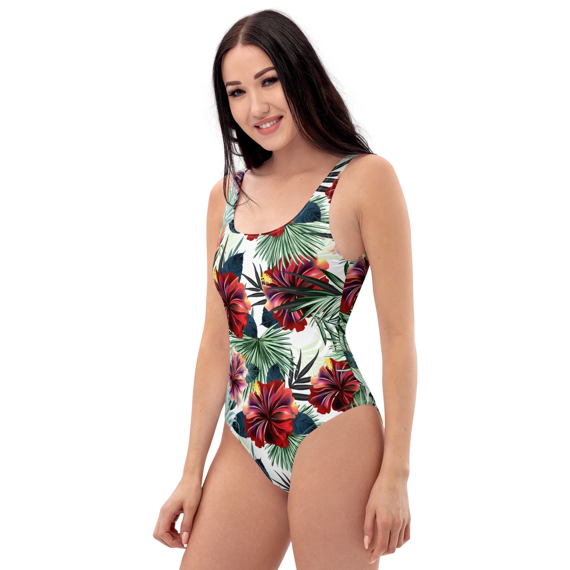 One Piece Swimsuit Palm leafs and Hibiscus flowers