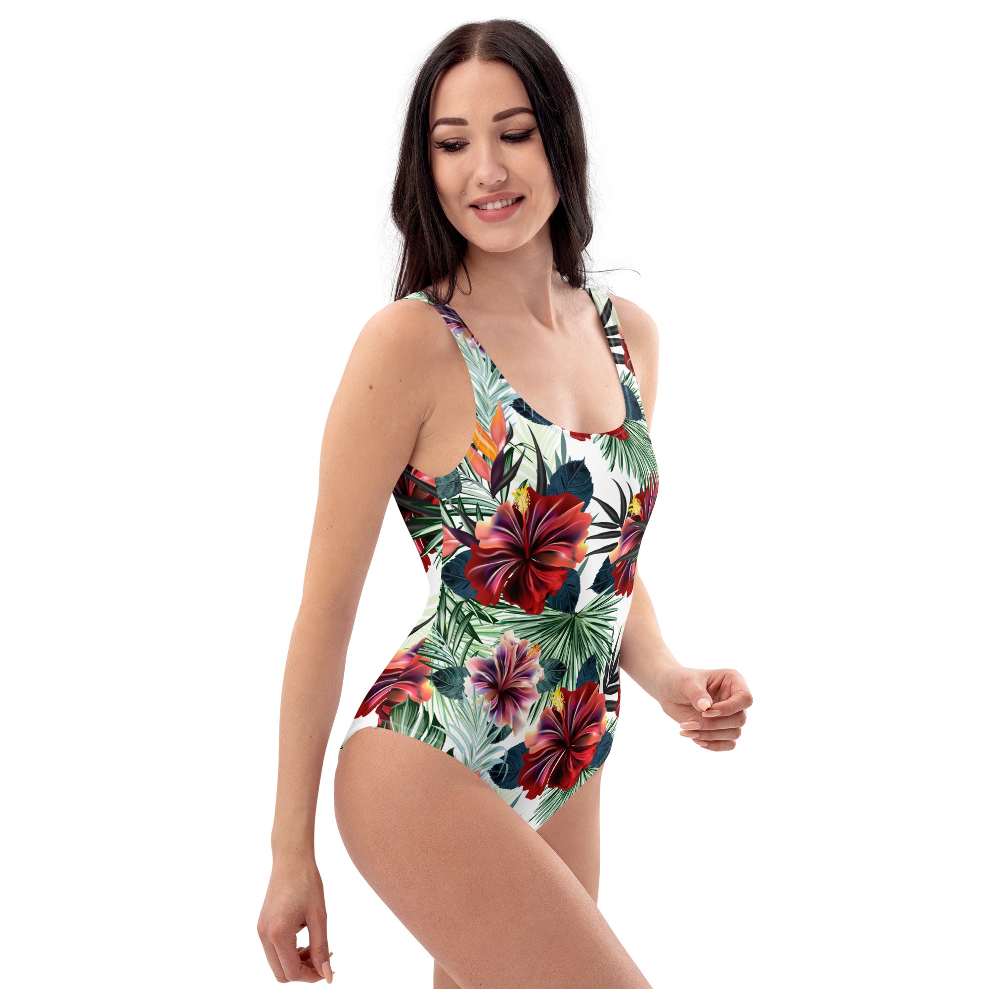 One Piece Swimsuit Palm leafs and Hibiscus flowers