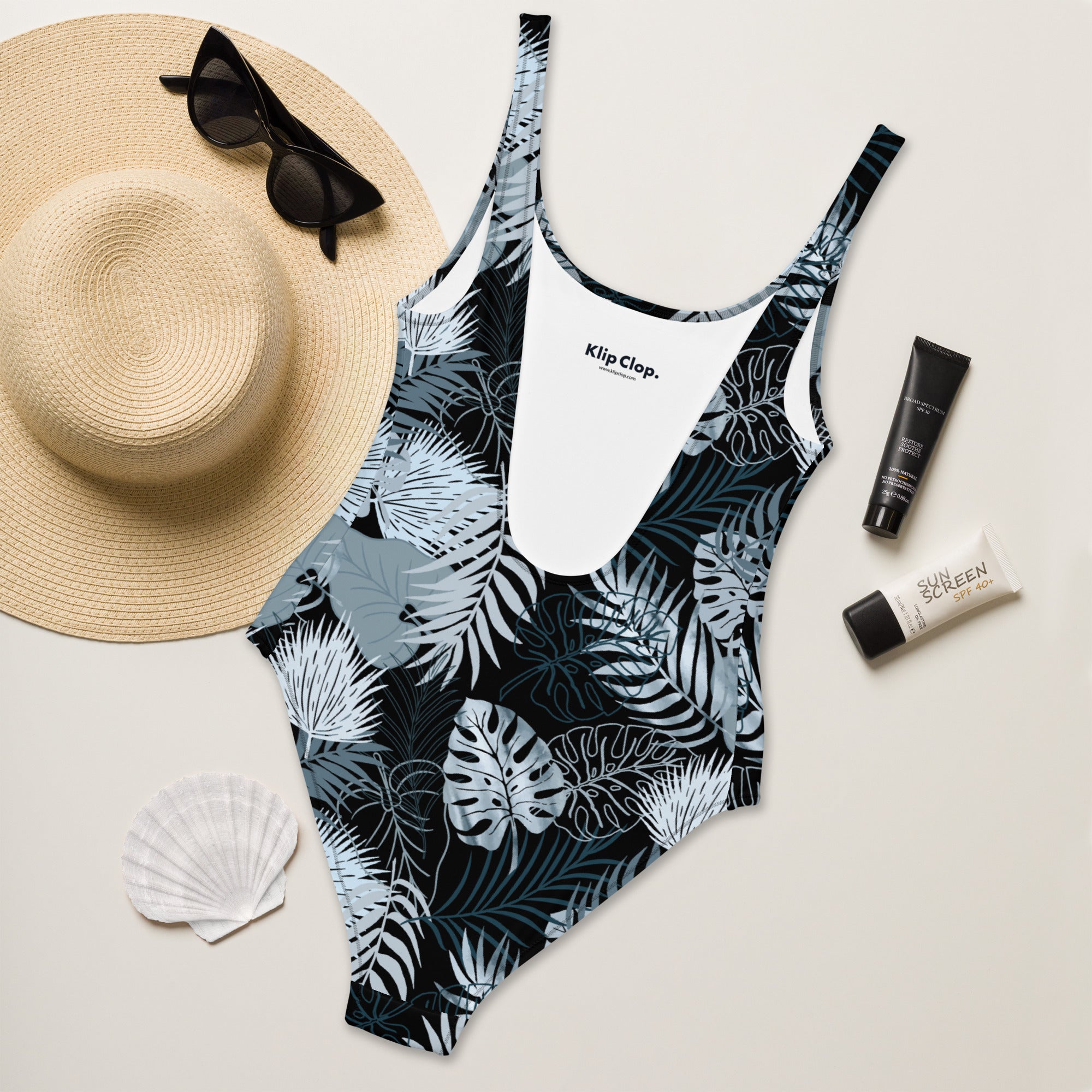 One Piece Swimsuit Tropical Black