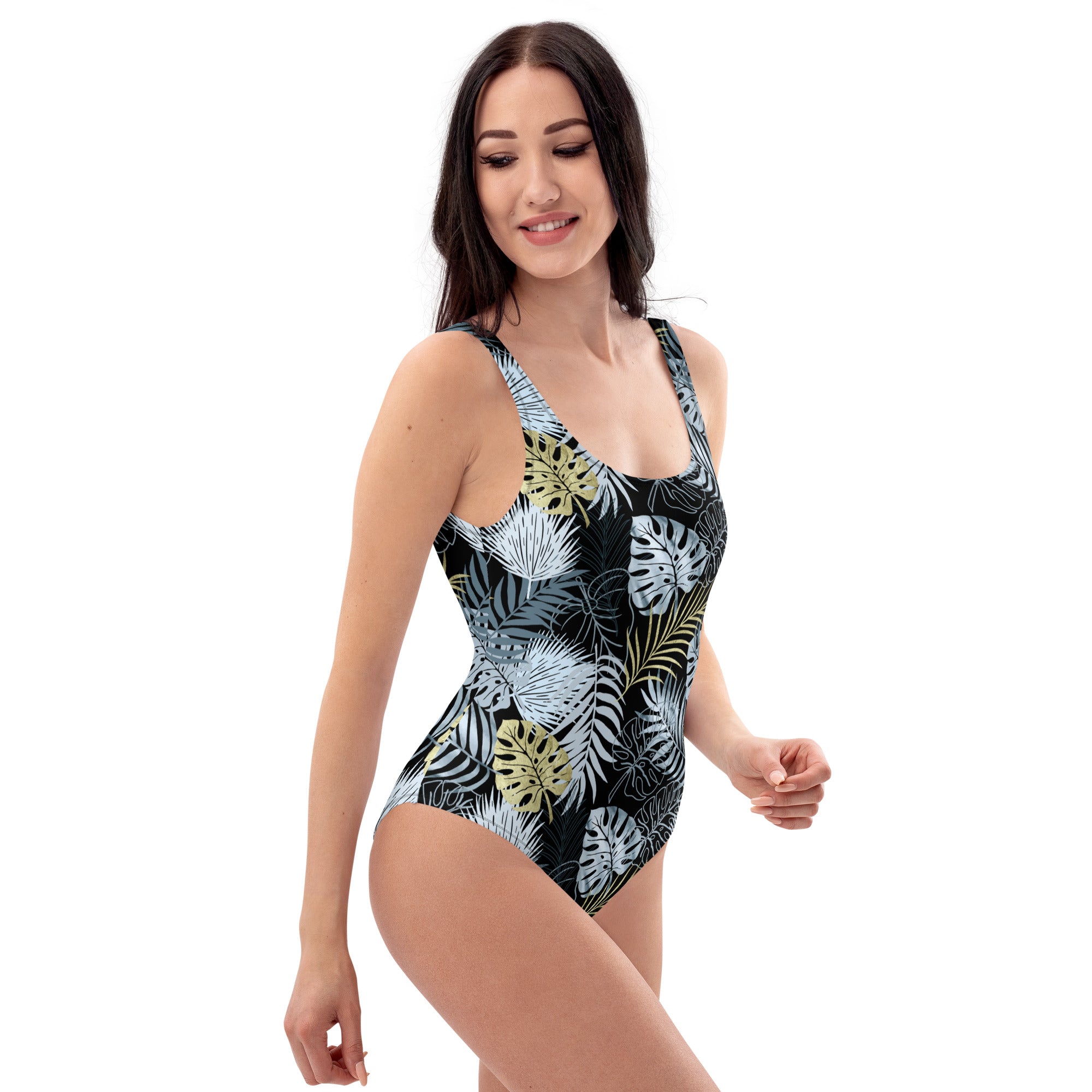 One Piece Swimsuit Tropical Black and Gold