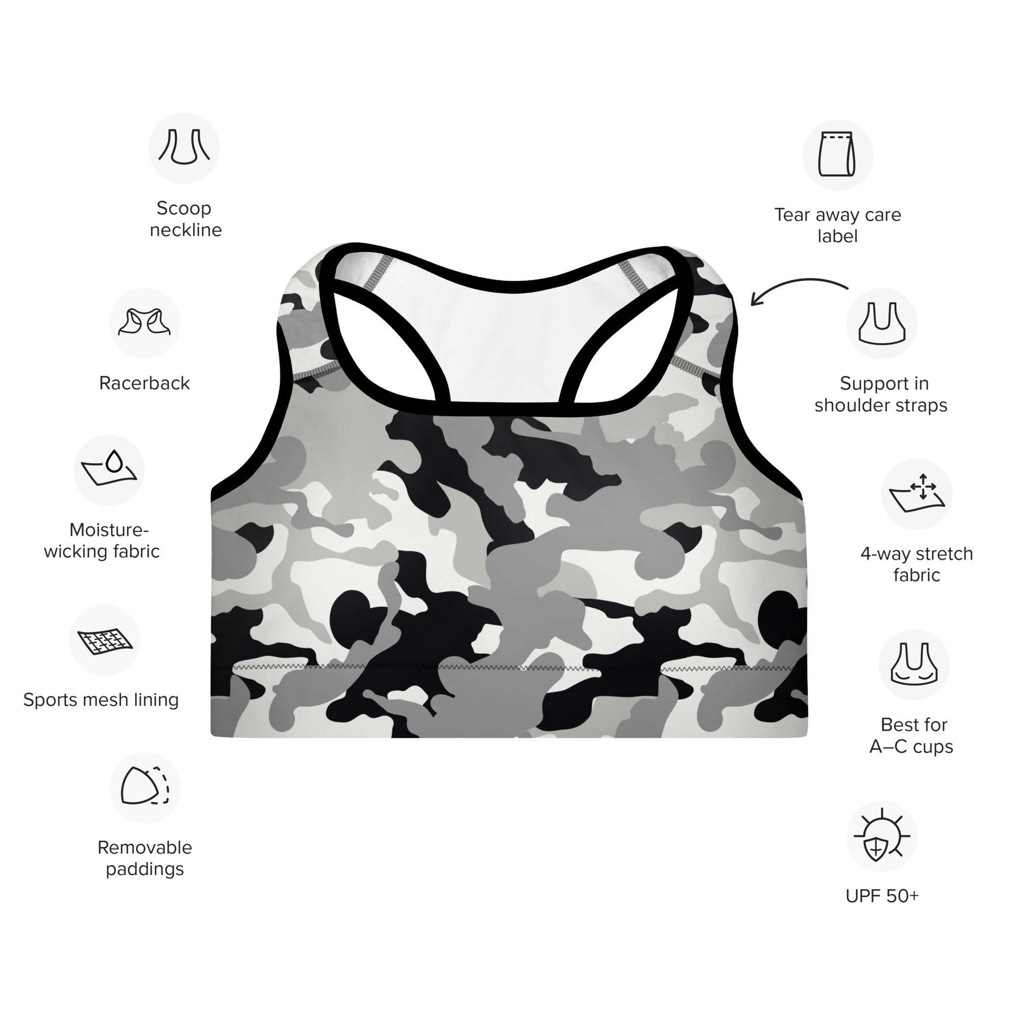 Padded Sports Bra Camo grey and black