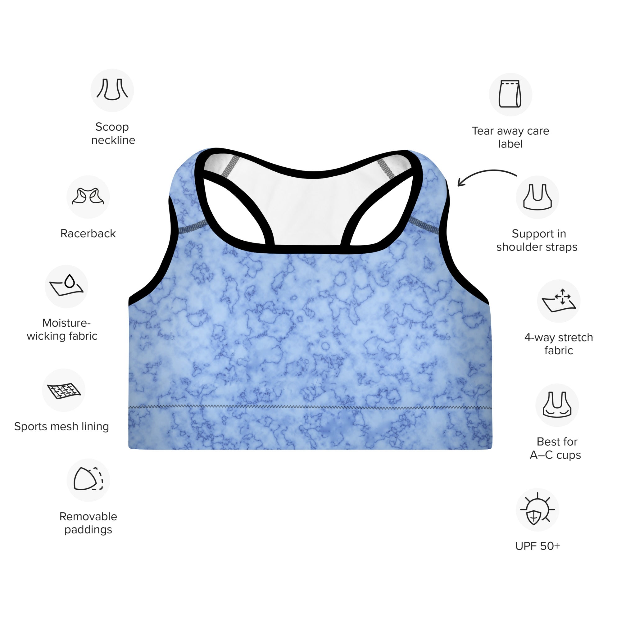 Padded Sports Bra Marble Light Blue