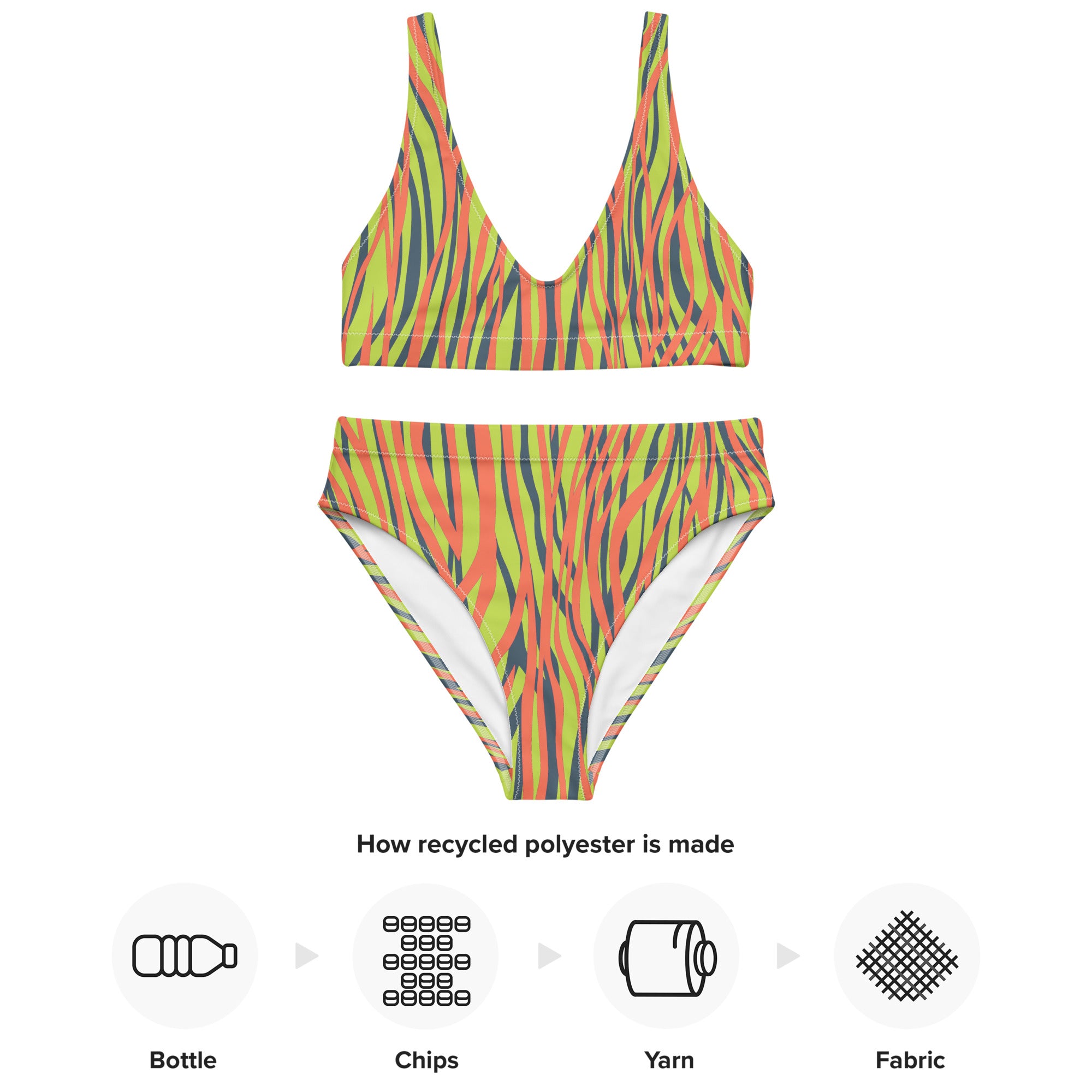 Recycled high waisted bikini funky zebra orange