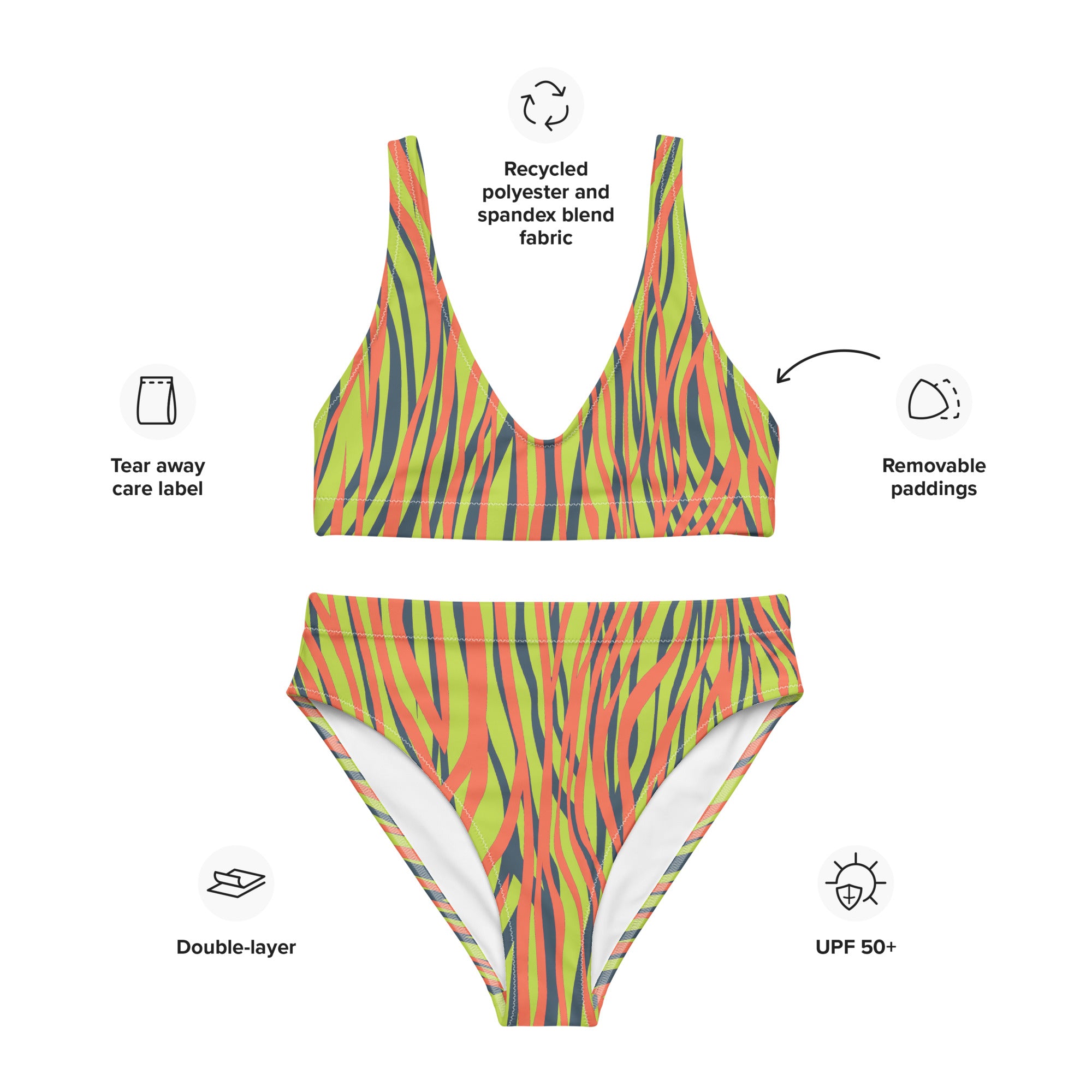 Recycled high waisted bikini funky zebra orange