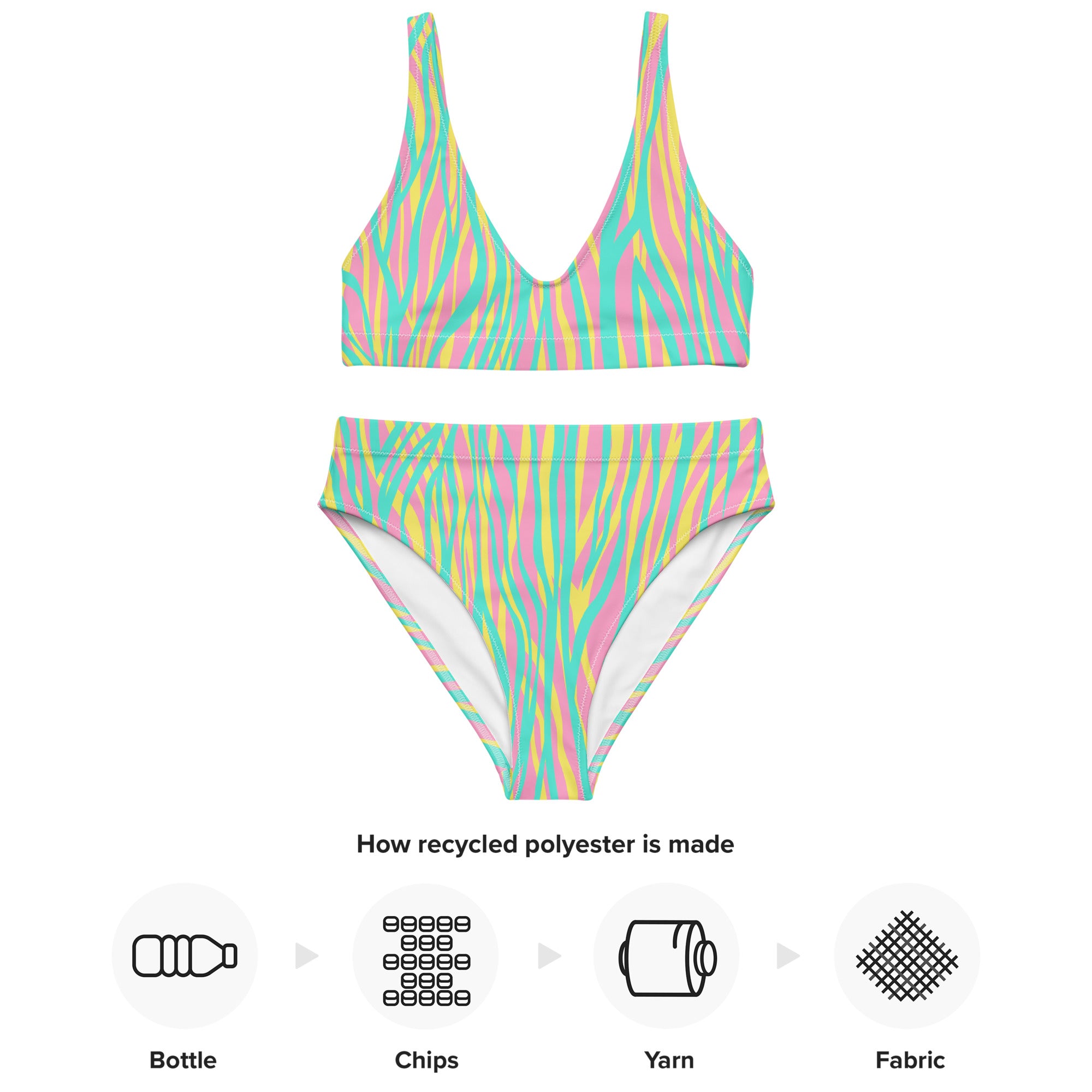 Recycled high waisted bikini Funky zebra pink cyan
