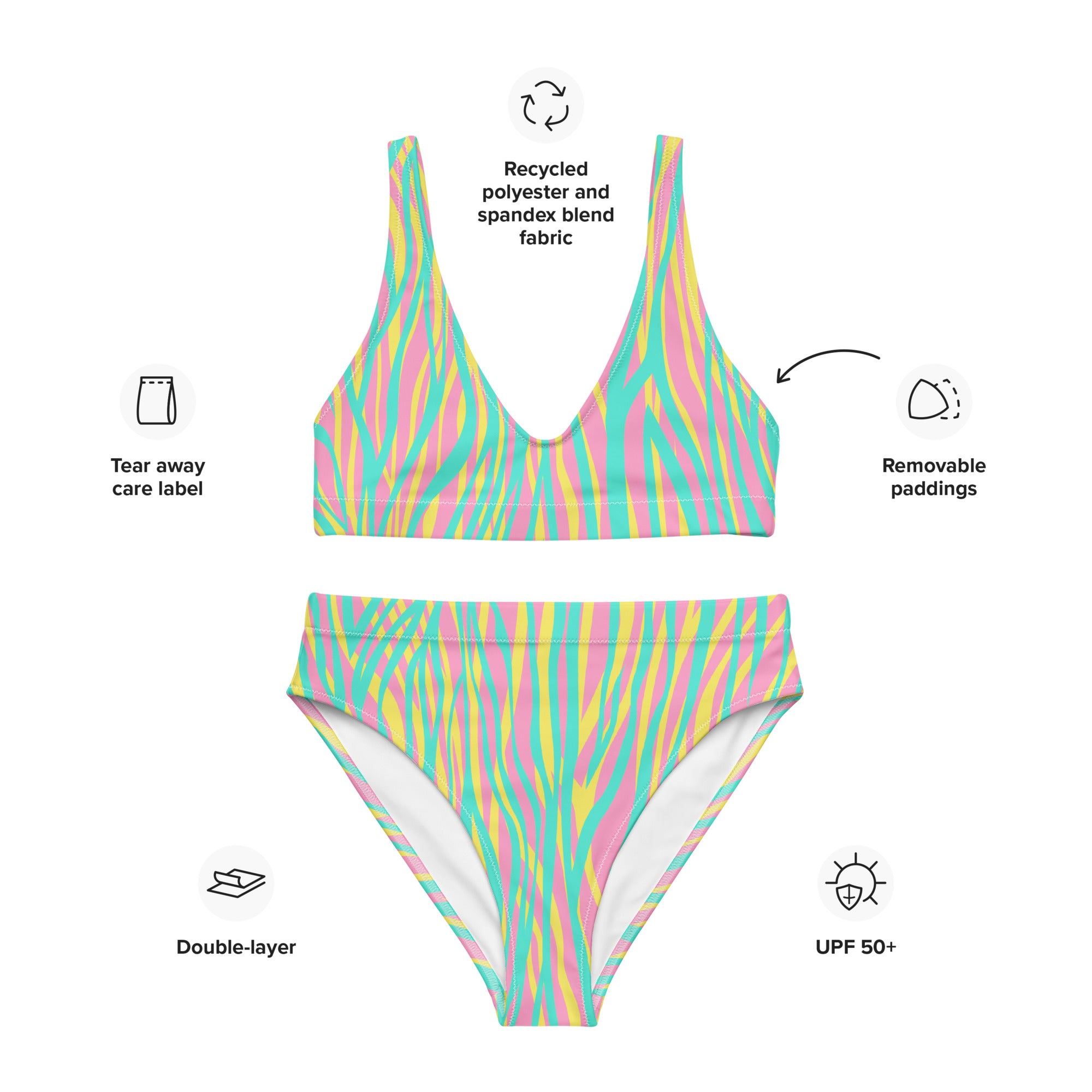 Recycled high waisted bikini Funky zebra pink cyan