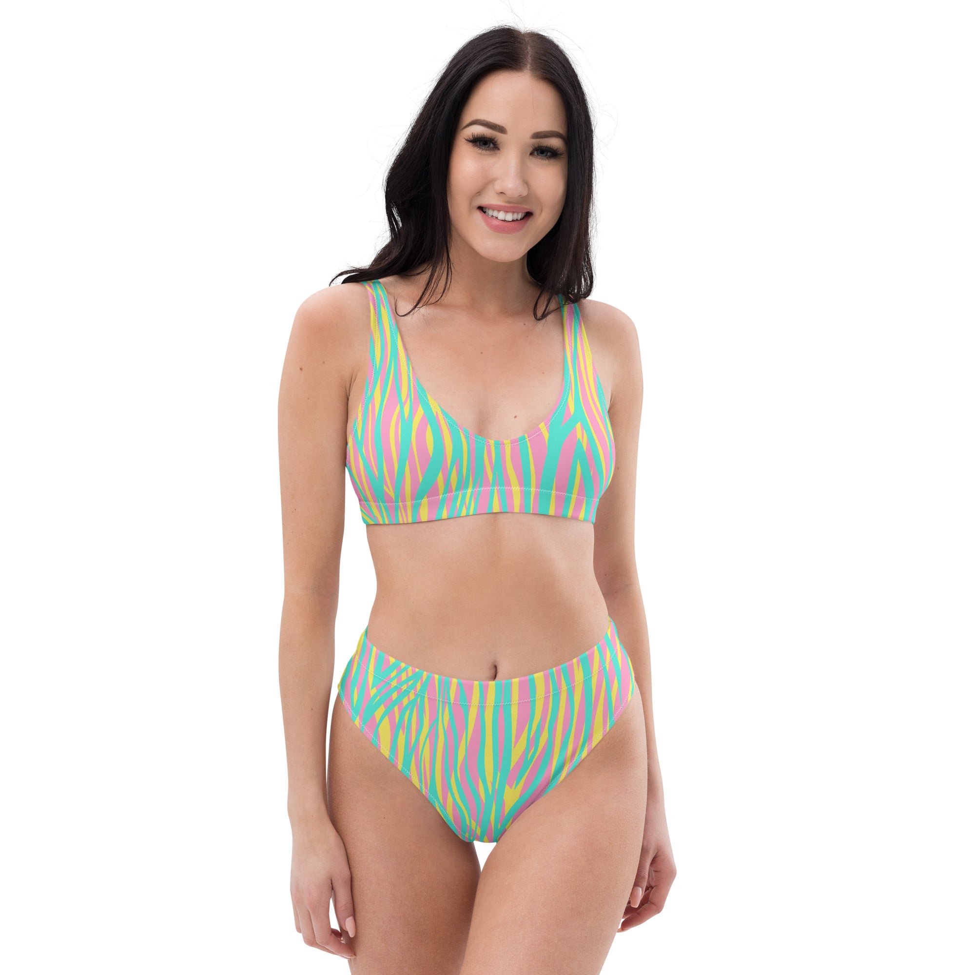 Recycled high waisted bikini Funky zebra pink cyan