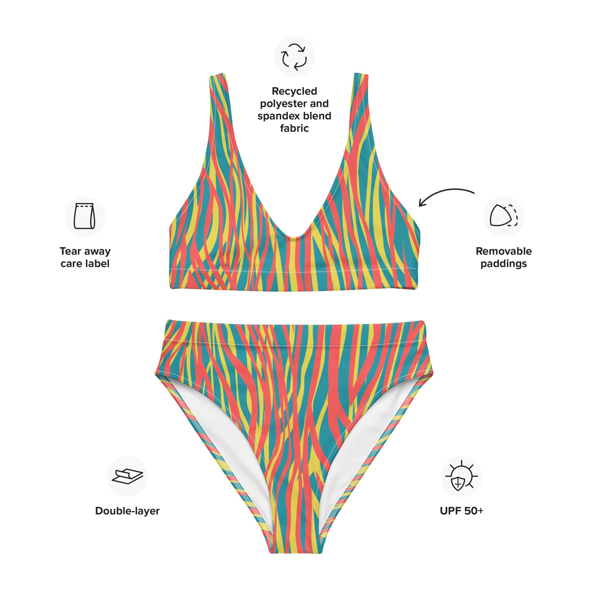 Recycled high waisted bikini funky zebra red