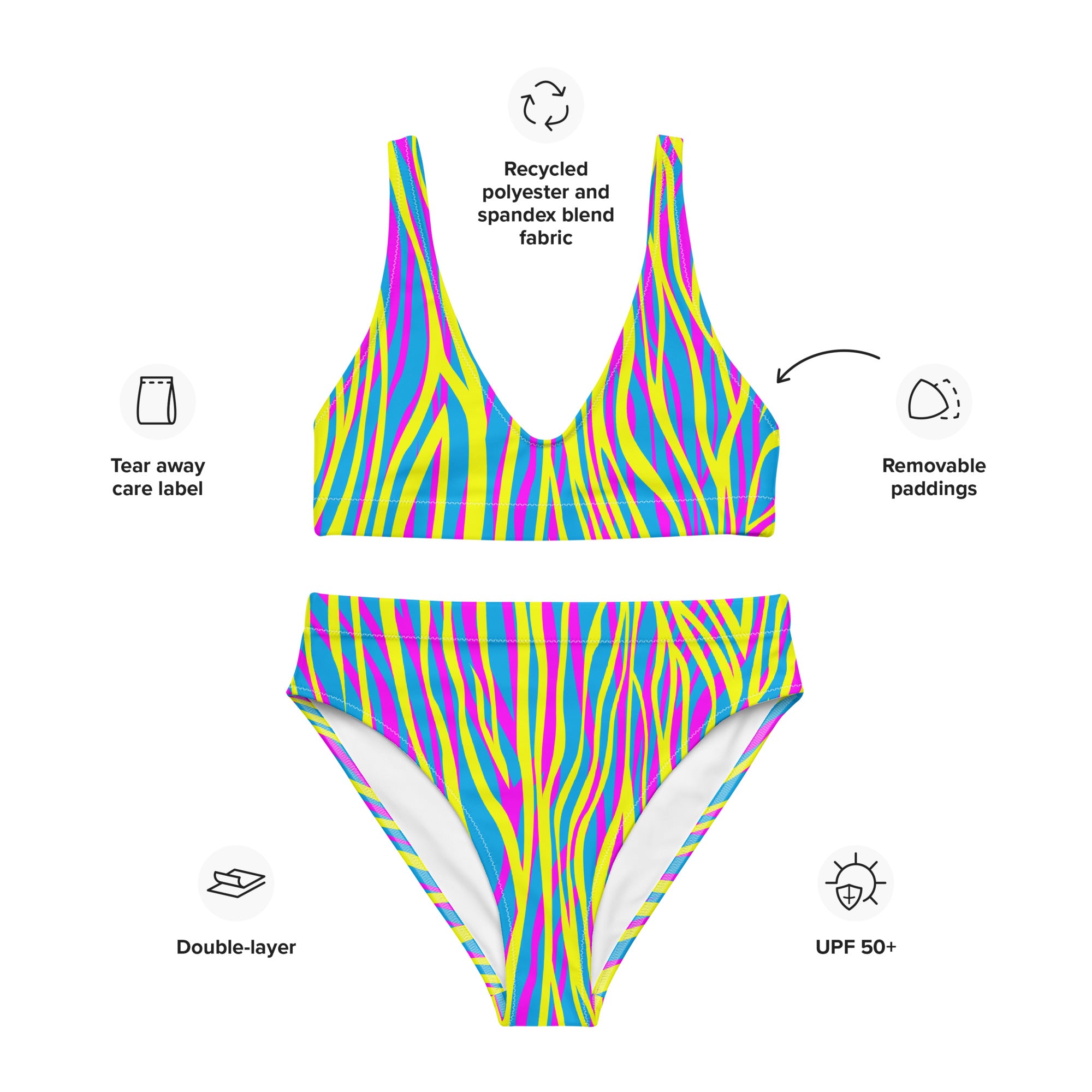 Recycled high waisted bikini funky zebra yellow