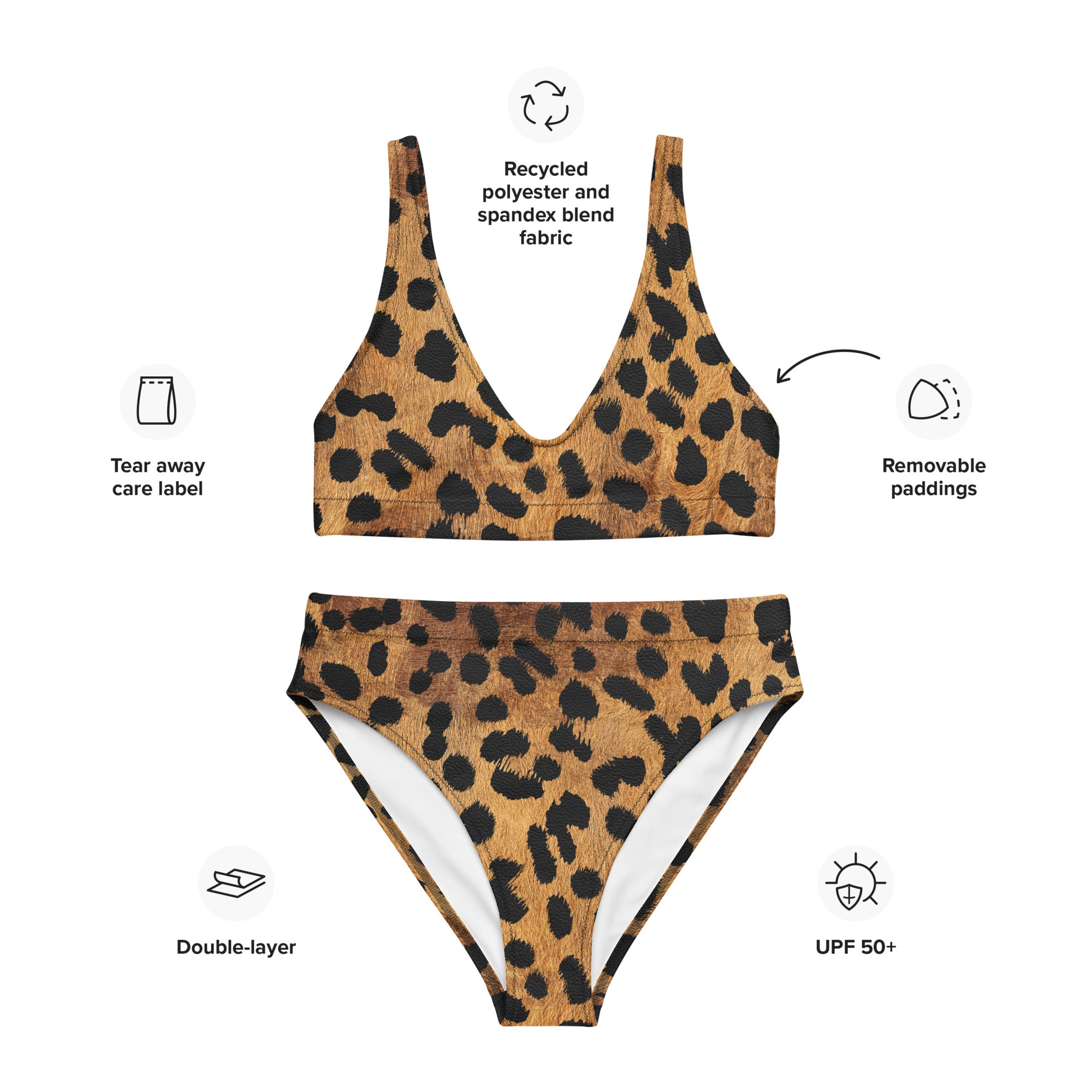 Recycled high waisted bikini safari leopard